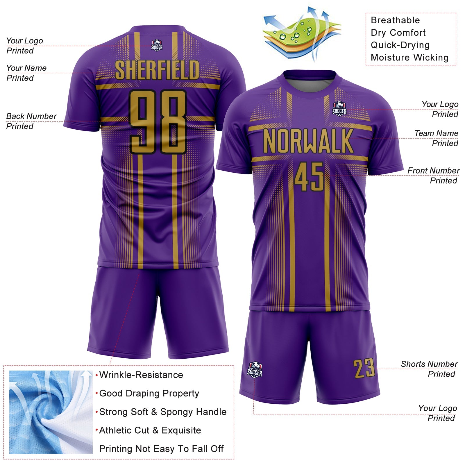 Custom Purple Old Gold-Black Lines Sublimation Soccer Uniform Jersey