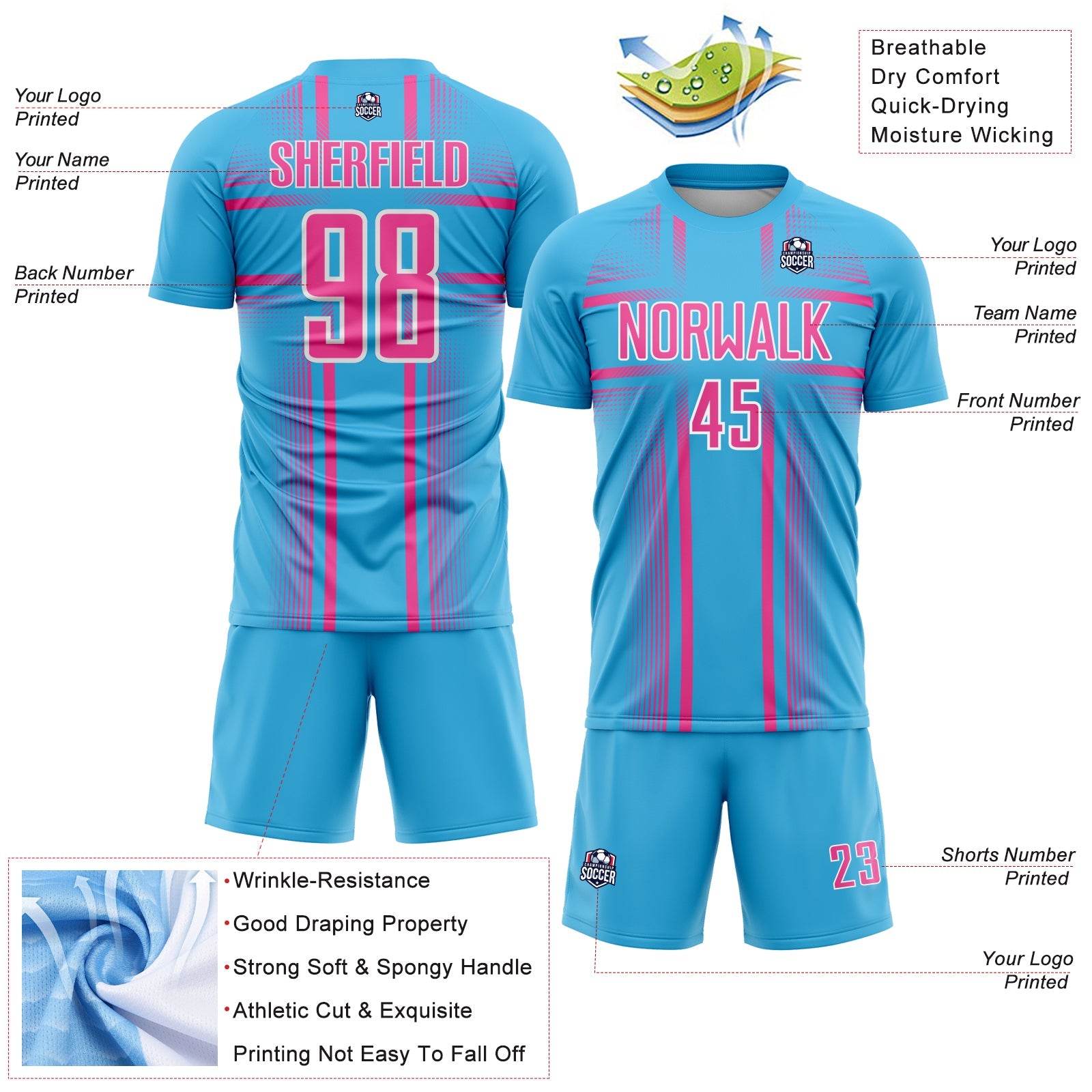 Custom Sky Blue Pink-White Lines Sublimation Soccer Uniform Jersey