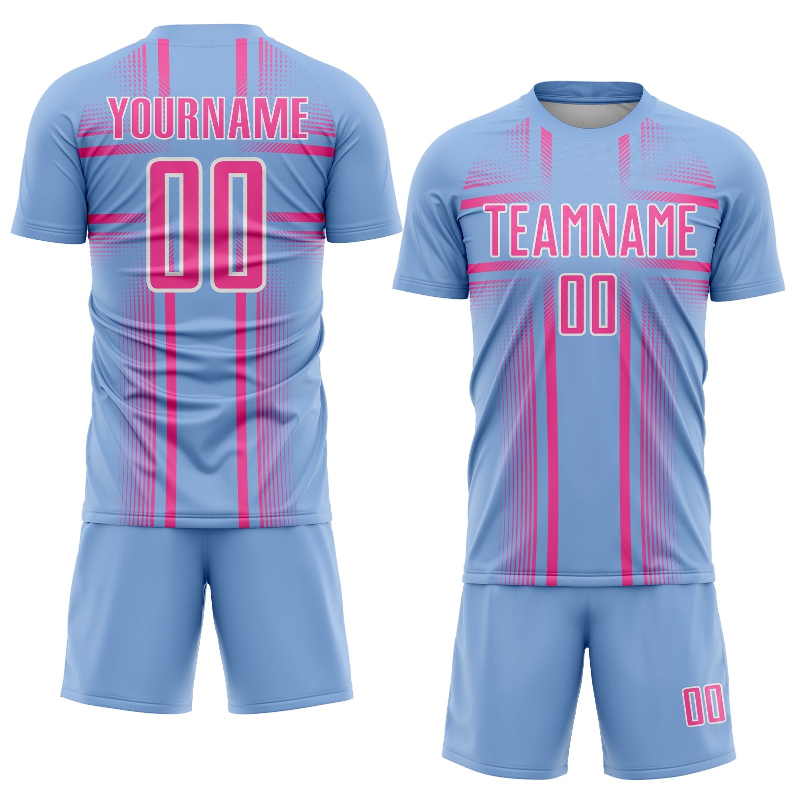 Custom Light Blue Pink-White Lines Sublimation Soccer Uniform Jersey