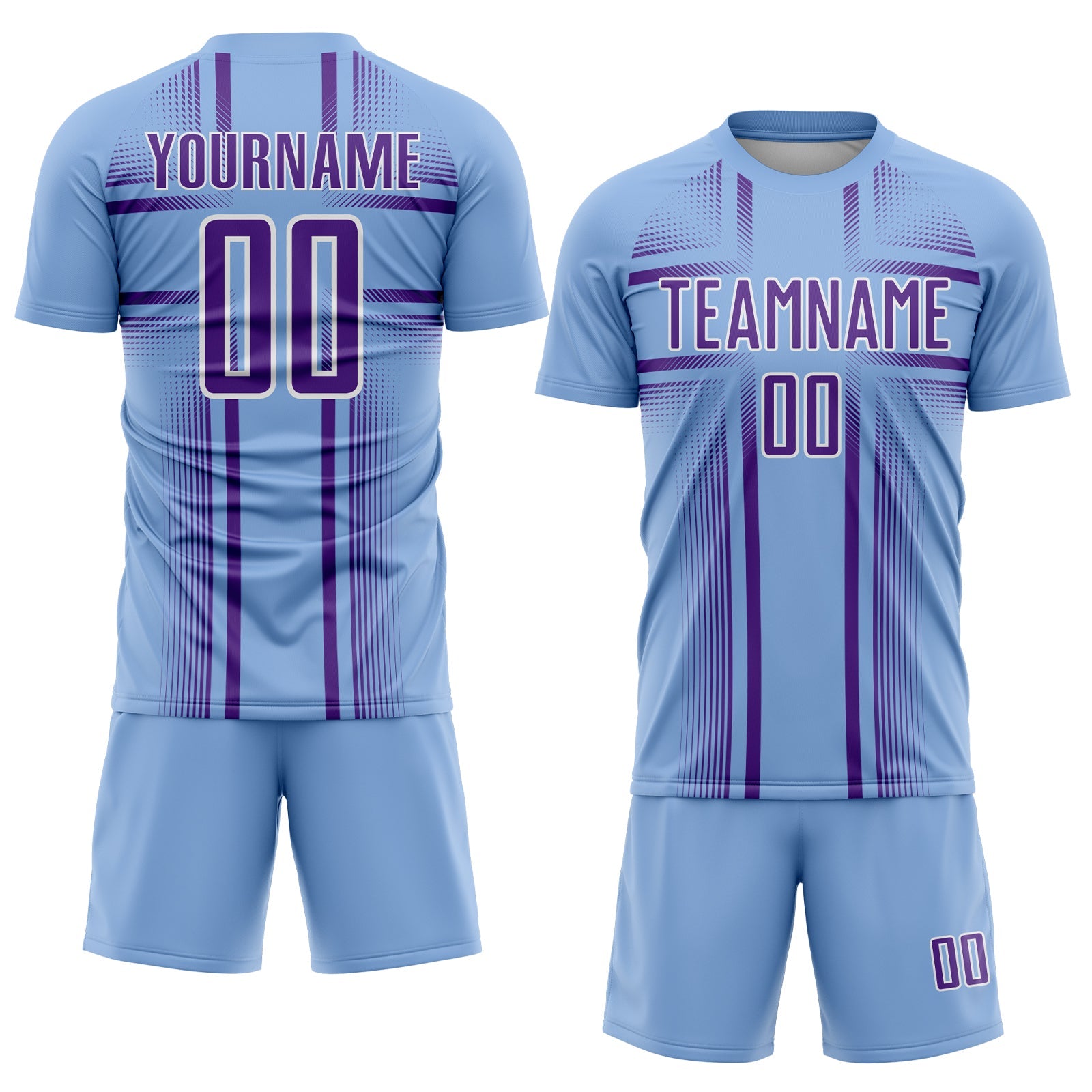 Custom Light Blue Purple-White Lines Sublimation Soccer Uniform Jersey