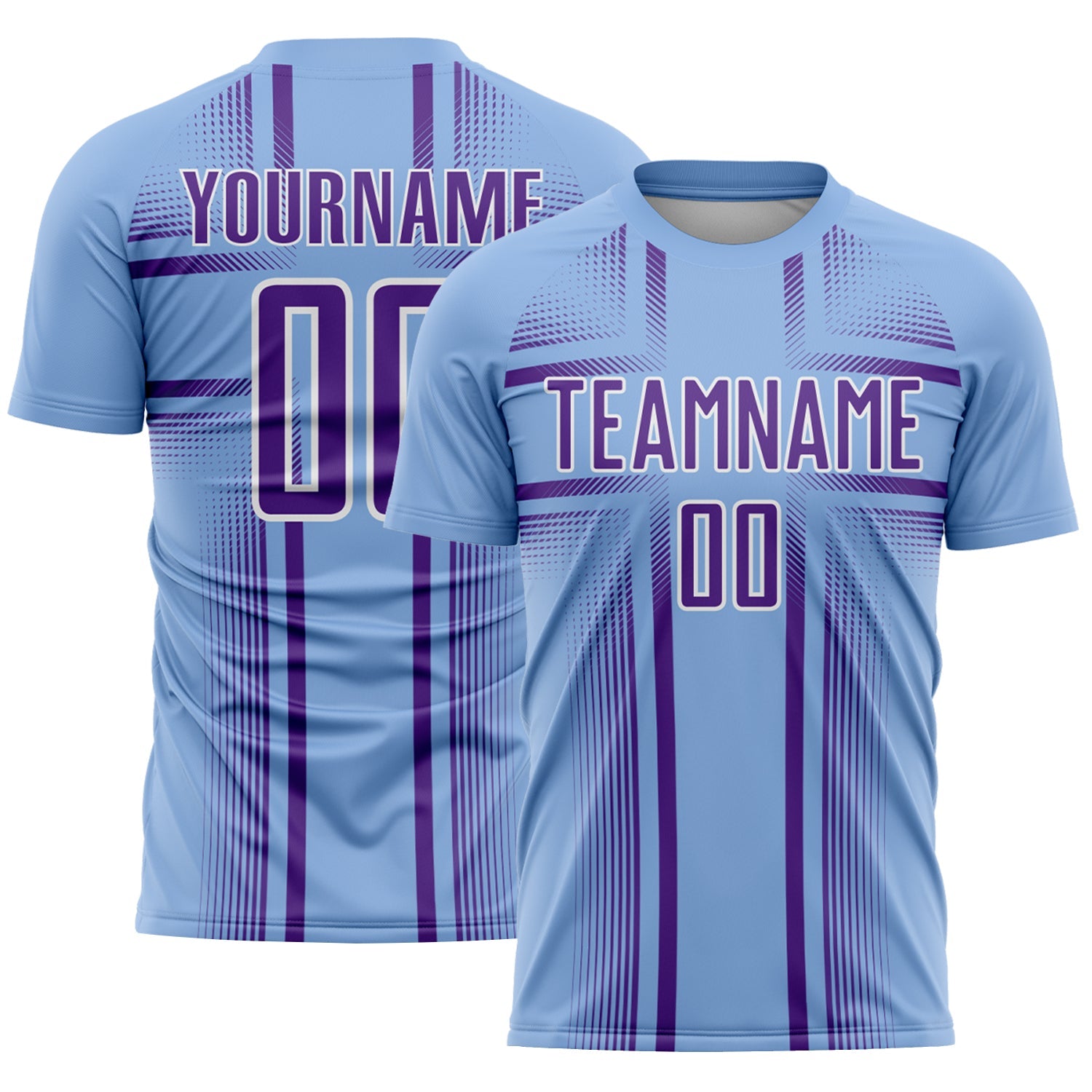 Custom Light Blue Purple-White Lines Sublimation Soccer Uniform Jersey