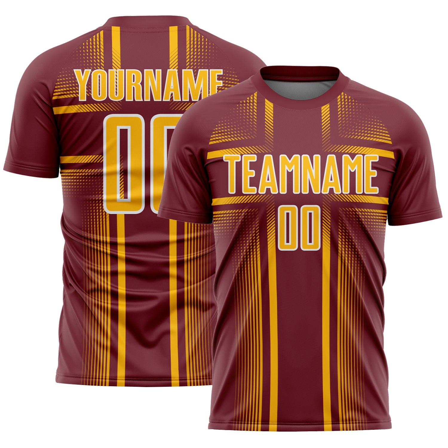 Custom Burgundy Gold-White Lines Sublimation Soccer Uniform Jersey