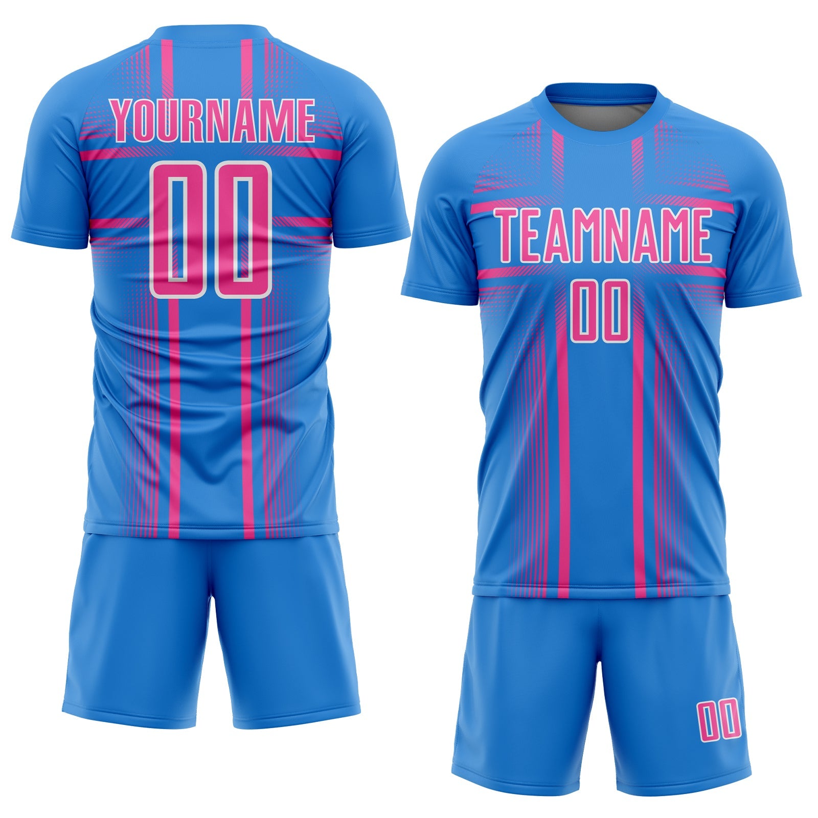 Custom Powder Blue Pink-White Lines Sublimation Soccer Uniform Jersey