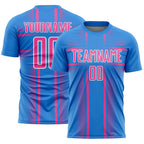 Custom Powder Blue Pink-White Lines Sublimation Soccer Uniform Jersey