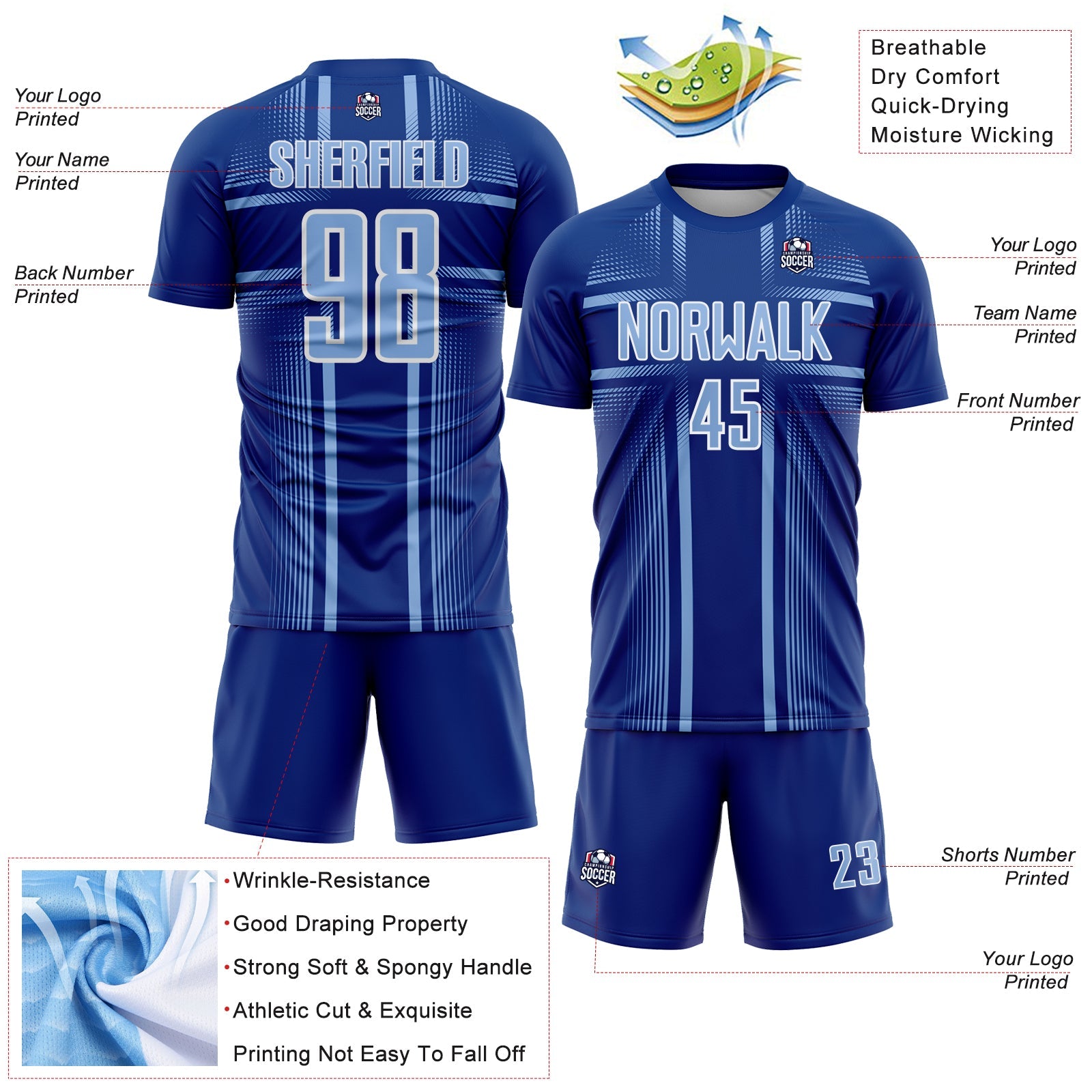 Custom Royal Light Blue-White Lines Sublimation Soccer Uniform Jersey