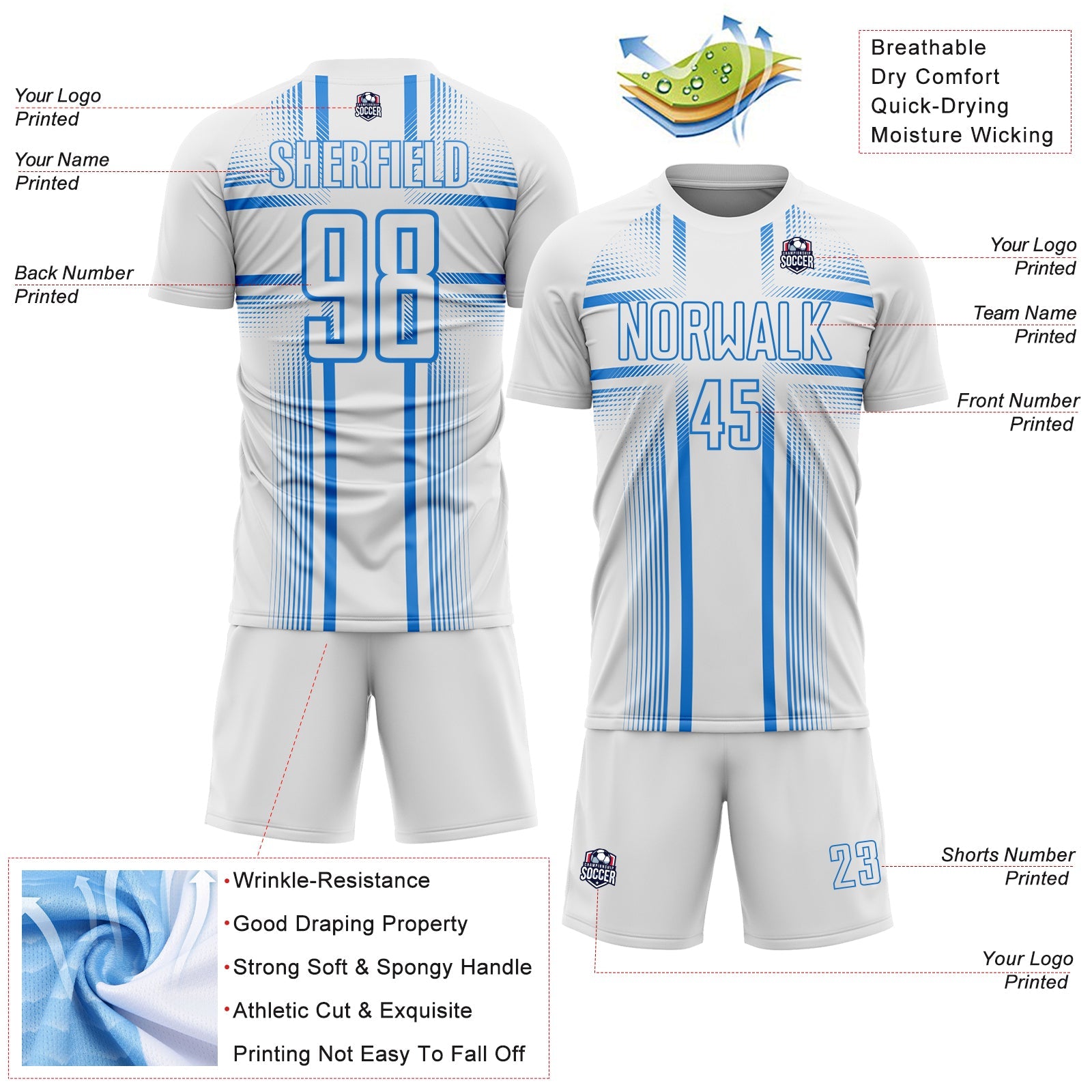 Custom White Powder Blue Lines Sublimation Soccer Uniform Jersey