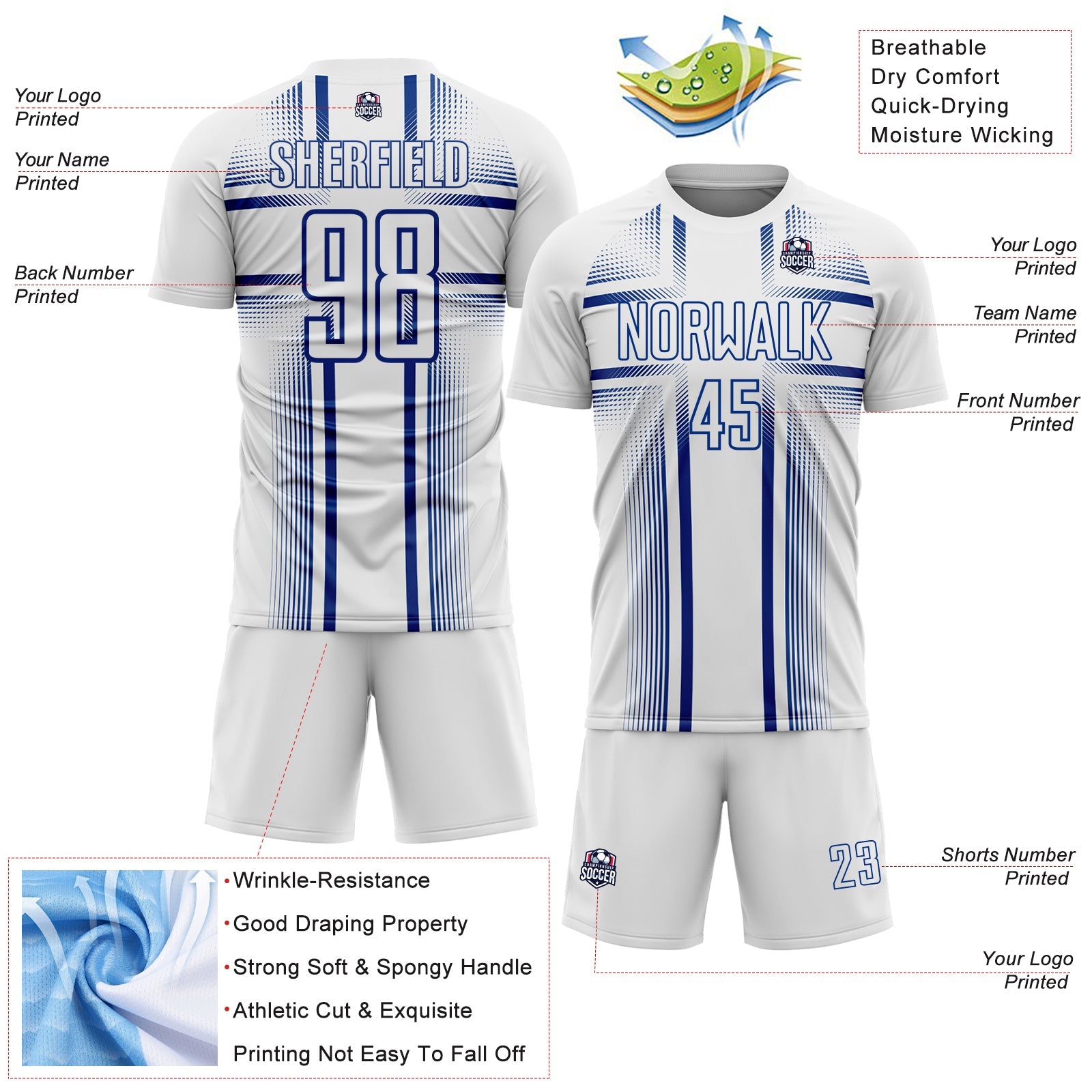 Custom White Royal Lines Sublimation Soccer Uniform Jersey