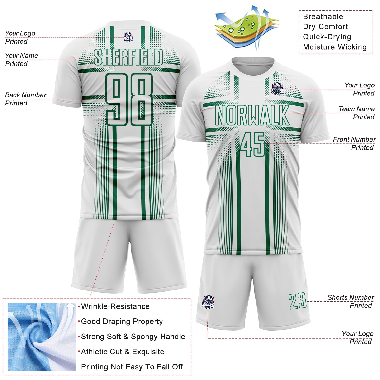Custom White Kelly Green Lines Sublimation Soccer Uniform Jersey