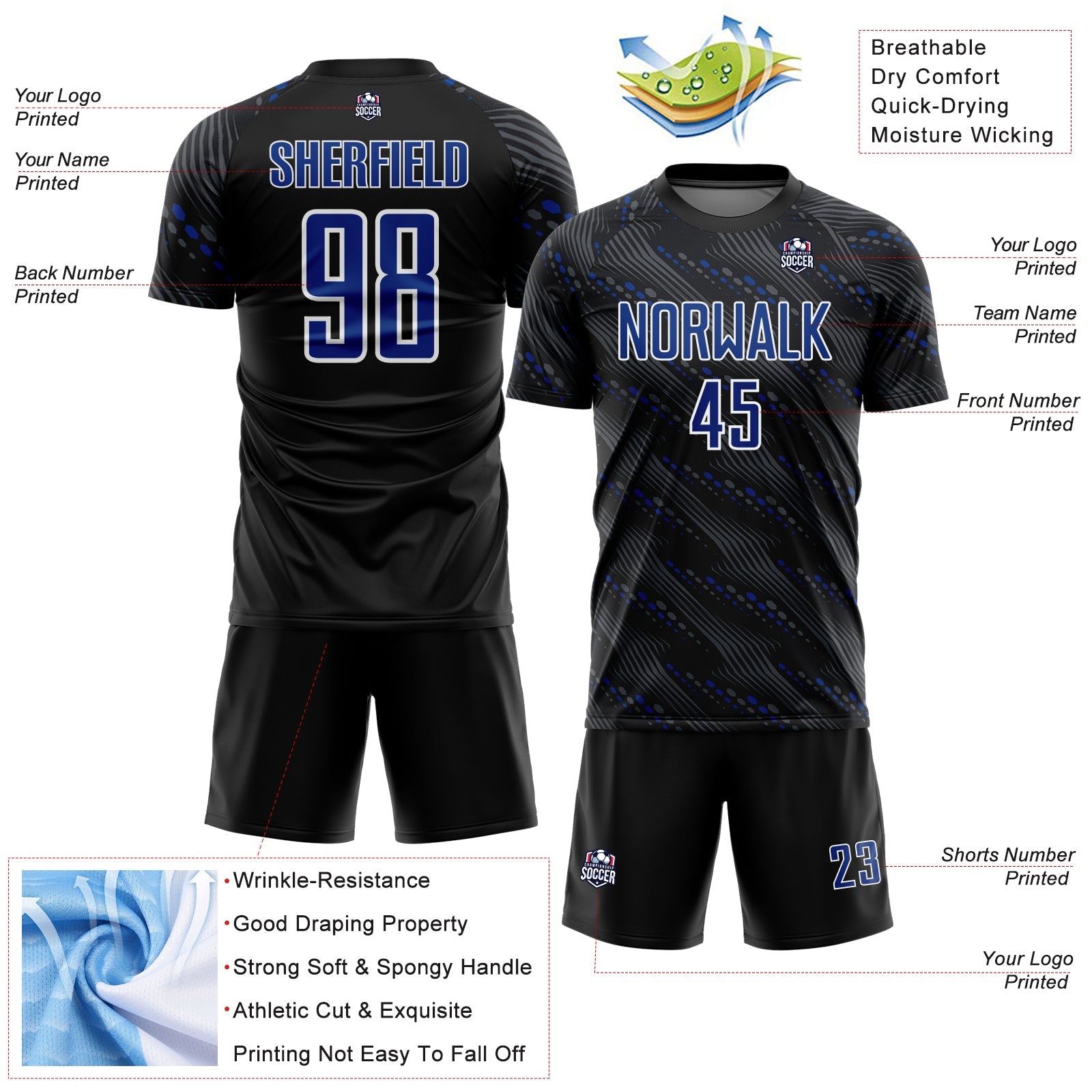 Custom Black Royal-White Slant Lines Sports Sublimation Soccer Uniform Jersey