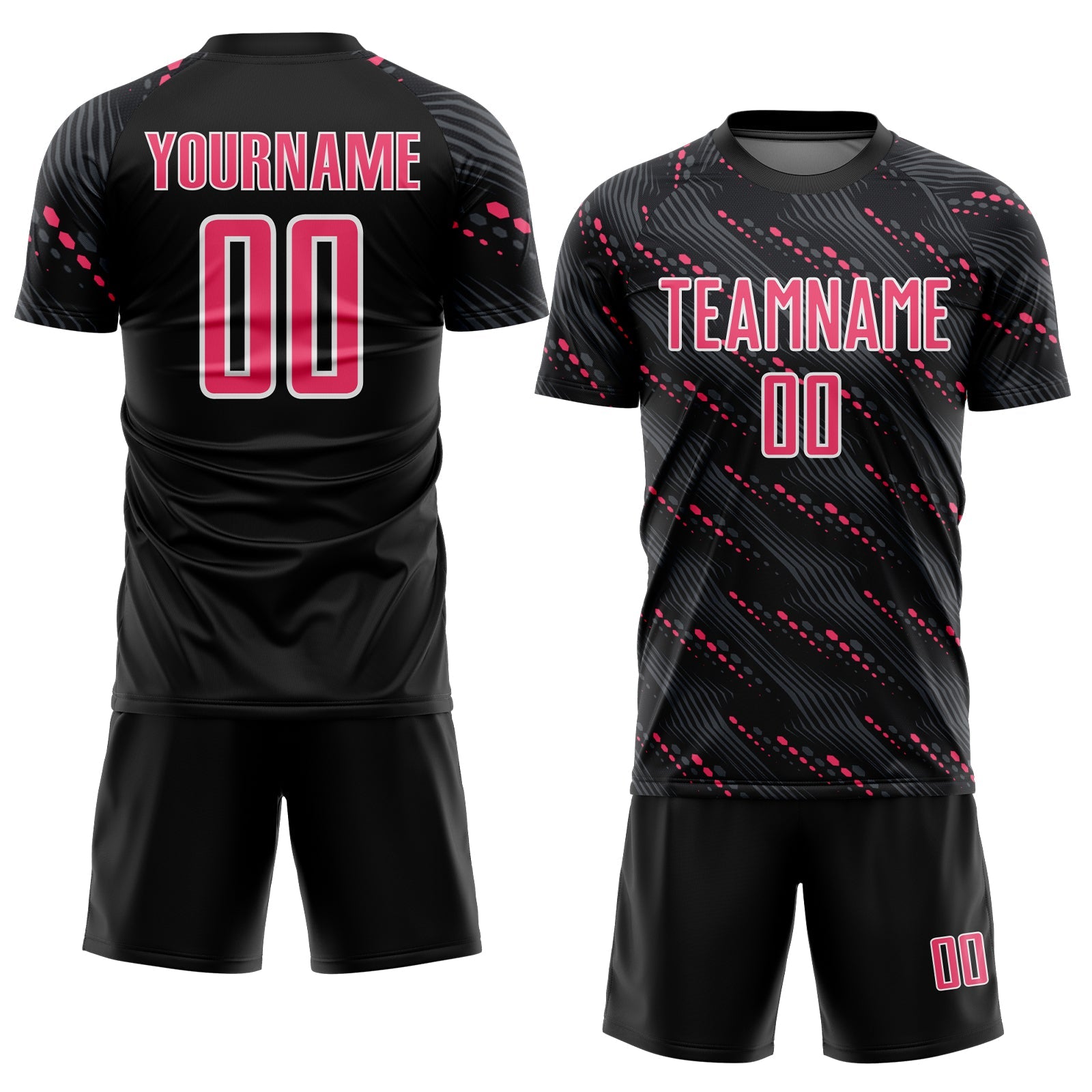 Custom Black Neon Pink-White Slant Lines Sports Sublimation Soccer Uniform Jersey