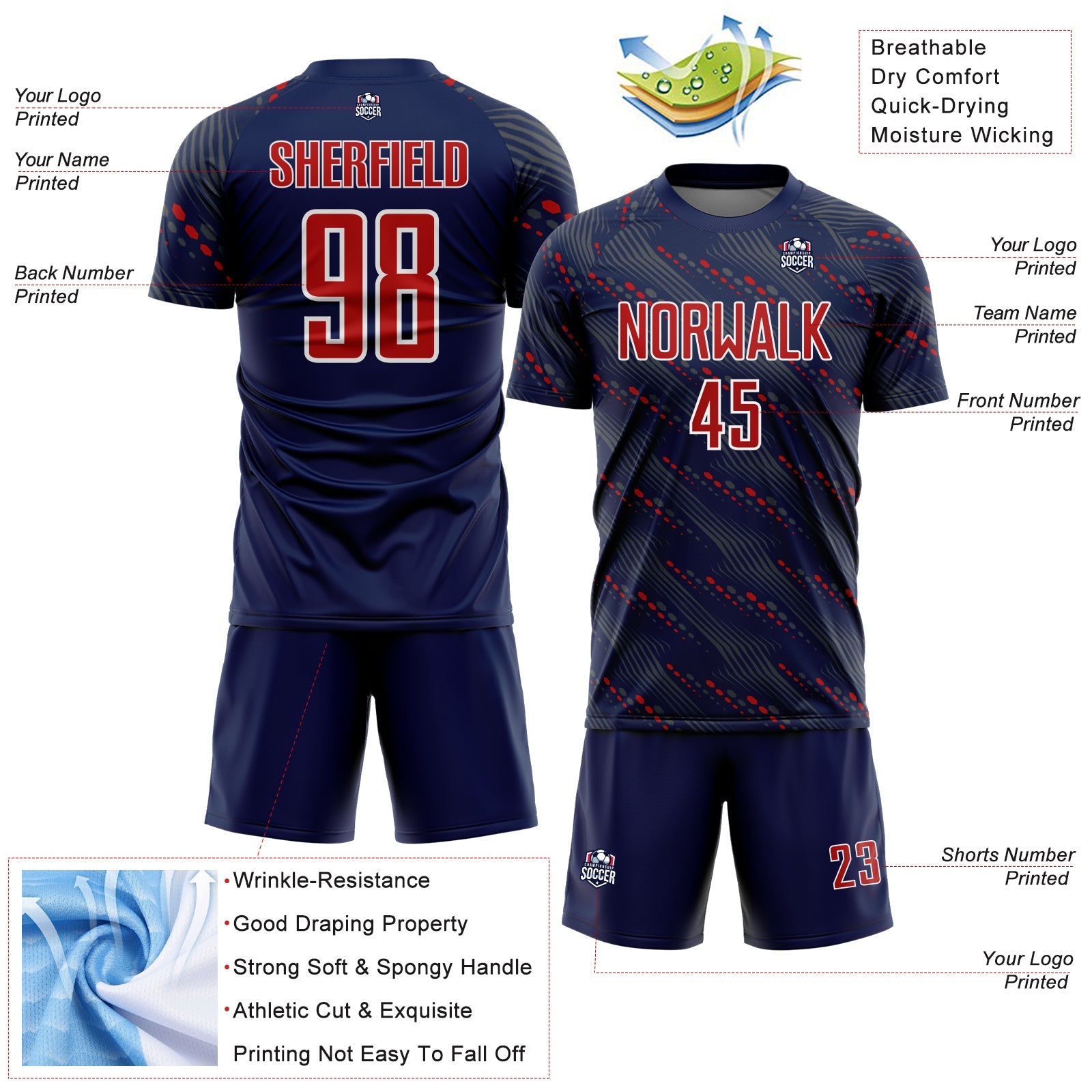 Custom Navy Red-White Slant Lines Sports Sublimation Soccer Uniform Jersey