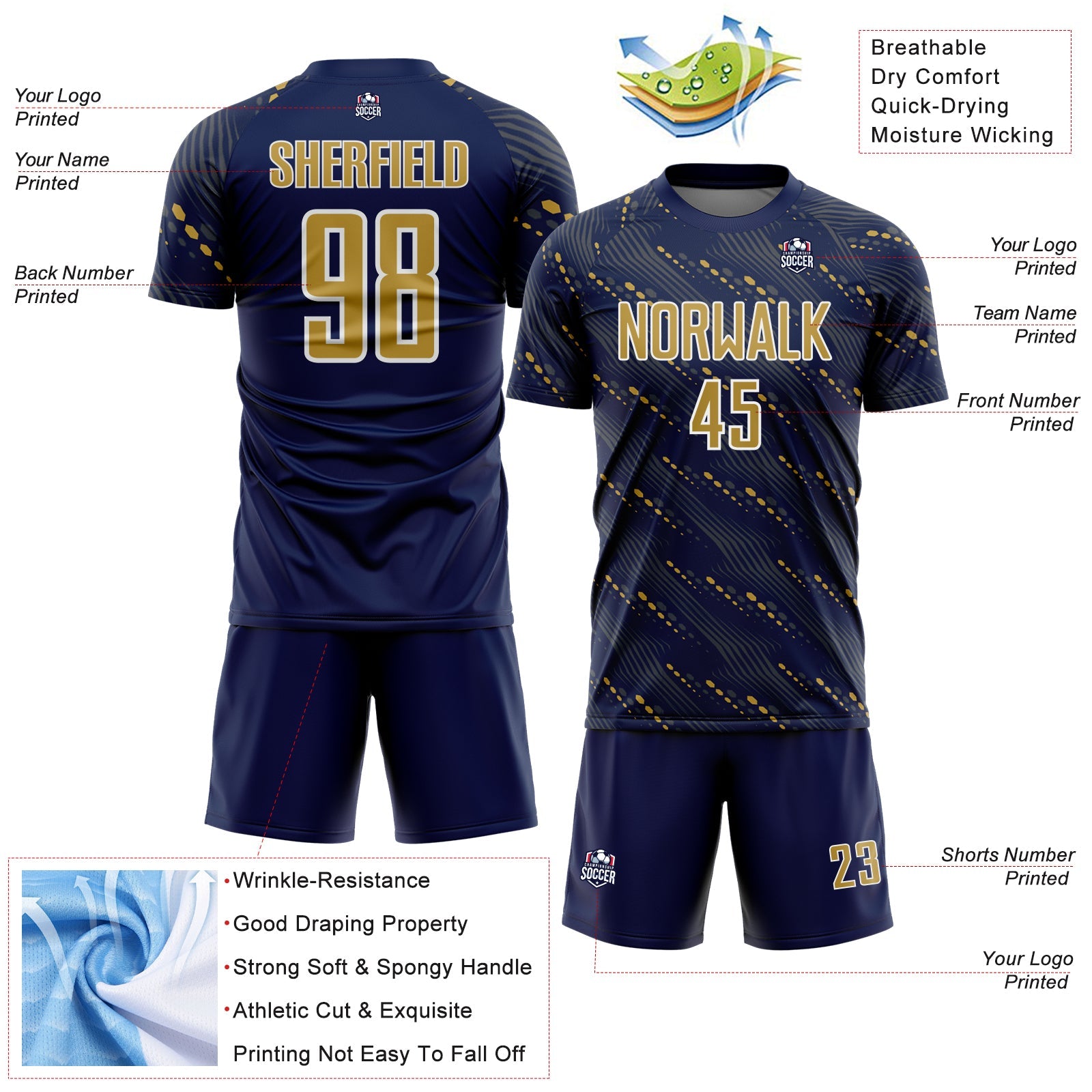 Custom Navy Old Gold-White Slant Lines Sports Sublimation Soccer Uniform Jersey