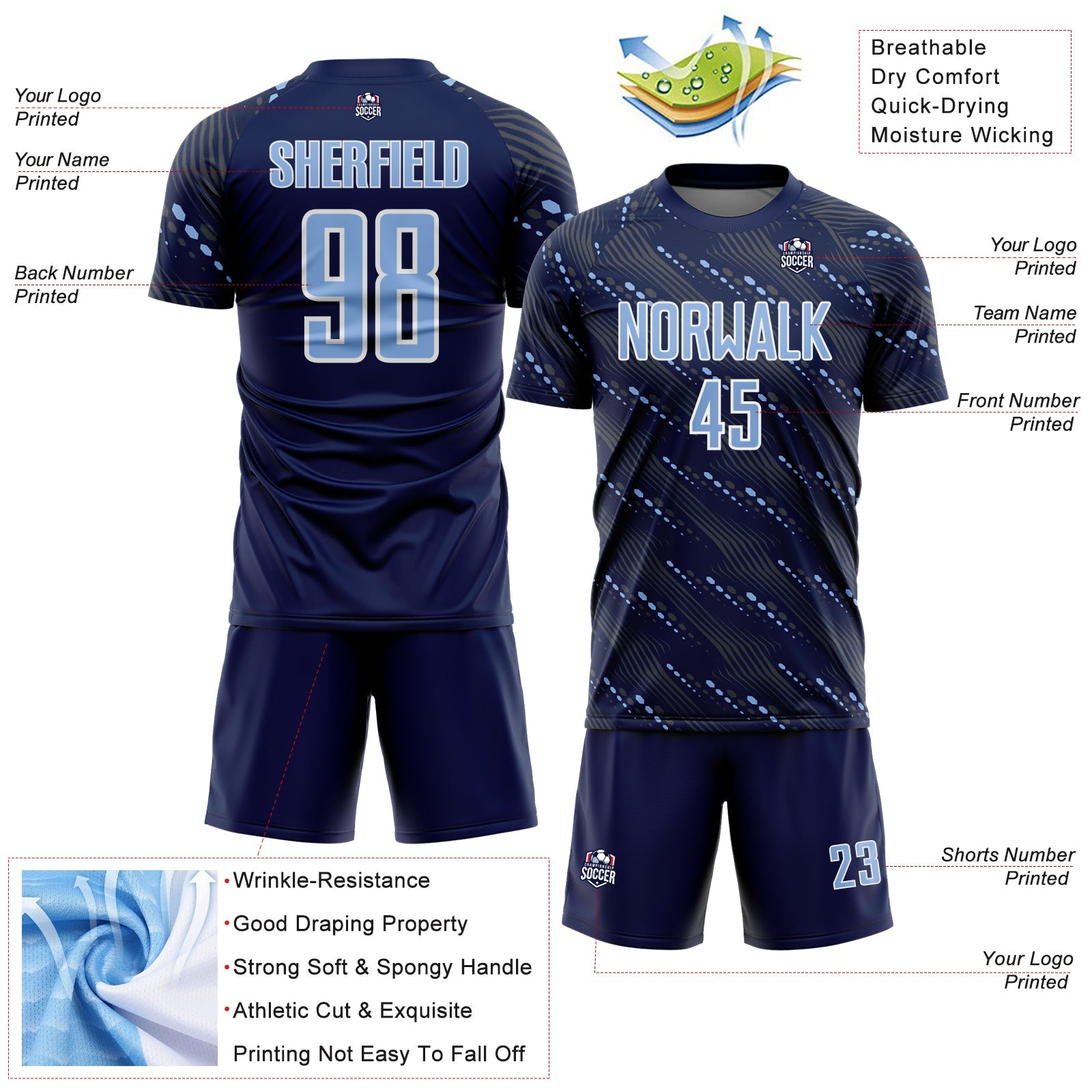 Custom Navy Light Blue-White Slant Lines Sports Sublimation Soccer Uniform Jersey