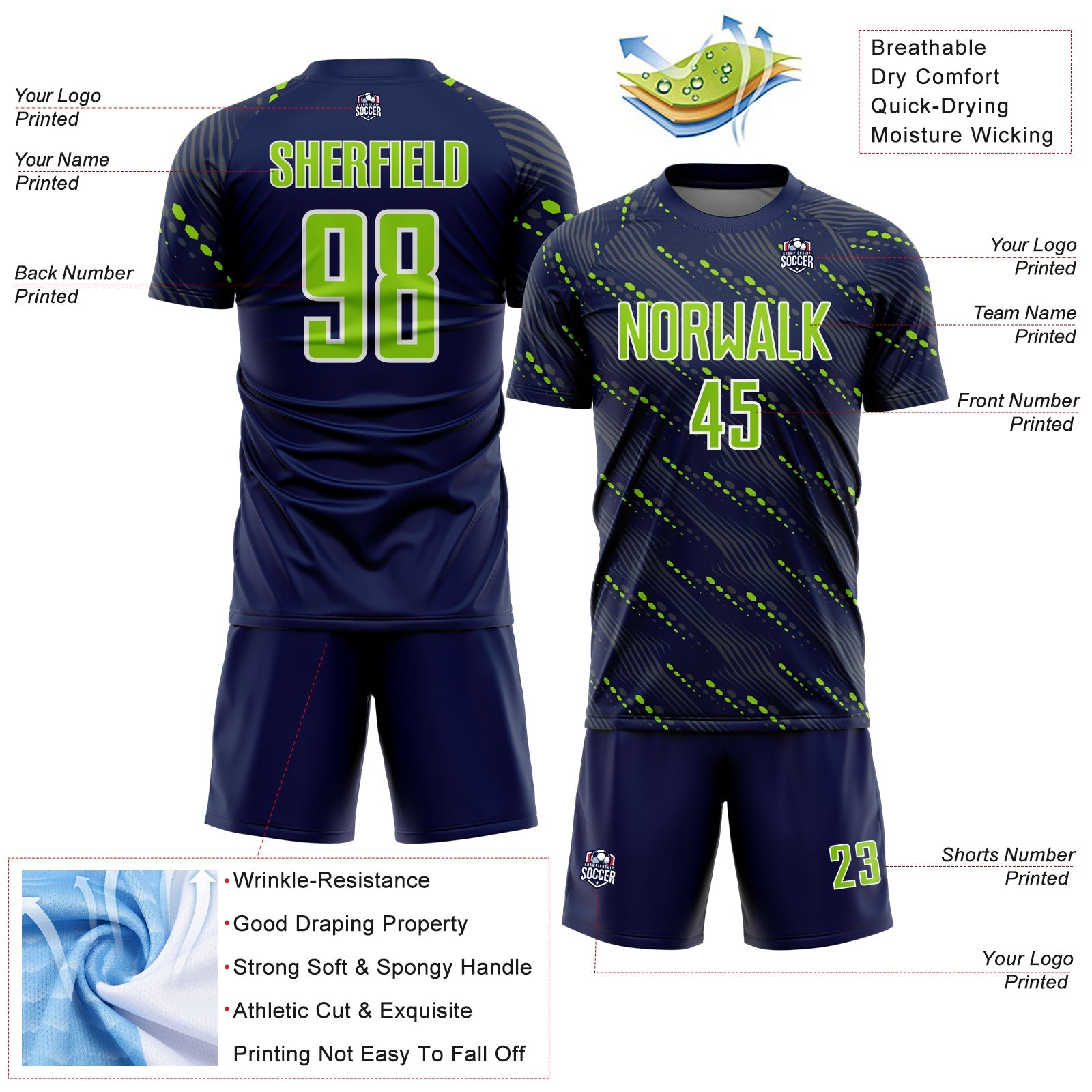 Custom Navy Neon Green-White Slant Lines Sports Sublimation Soccer Uniform Jersey