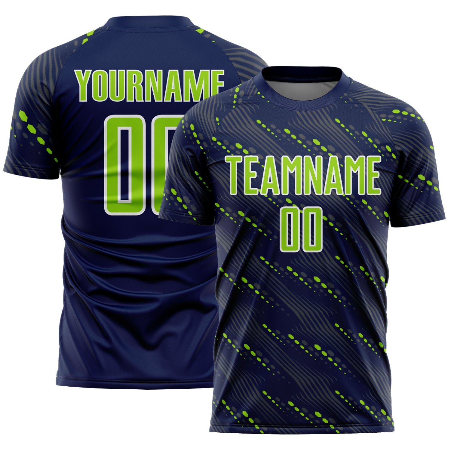 Custom Navy Neon Green-White Slant Lines Sports Sublimation Soccer Uniform Jersey