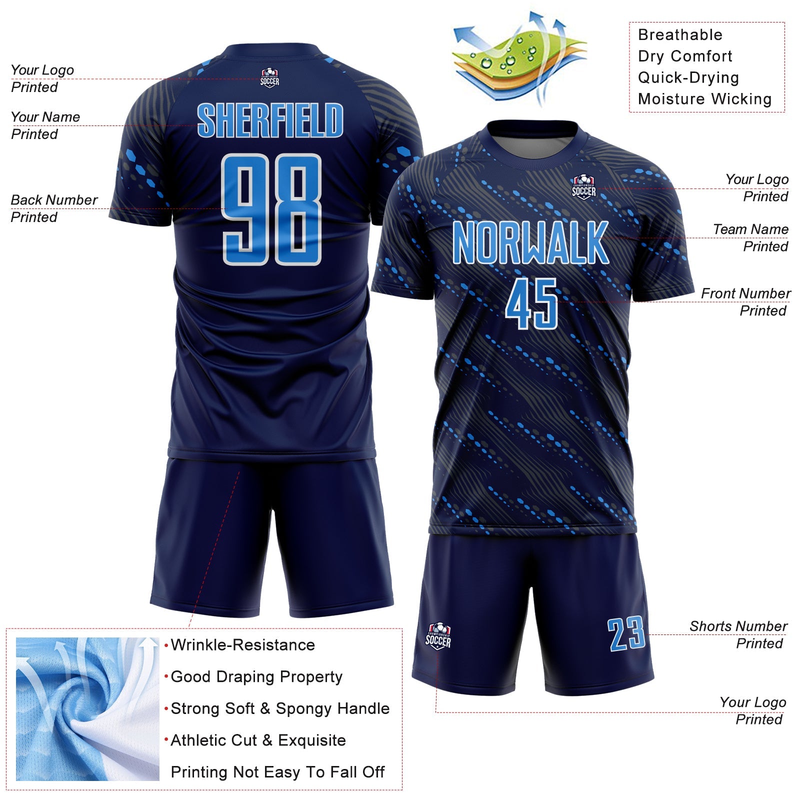 Custom Navy Powder Blue-White Slant Lines Sports Sublimation Soccer Uniform Jersey