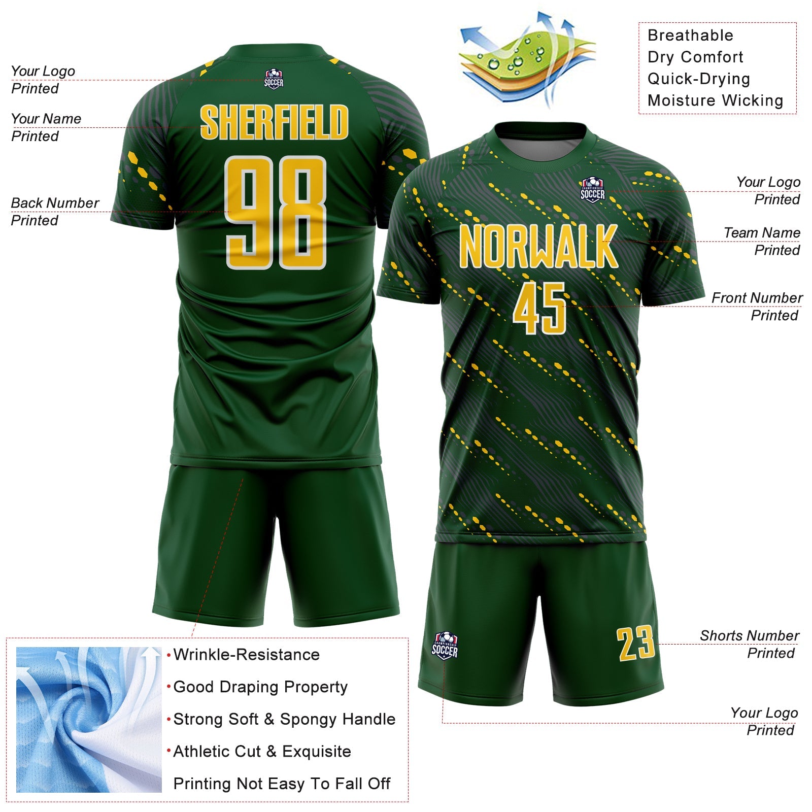 Custom Green Yellow-White Slant Lines Sports Sublimation Soccer Uniform Jersey