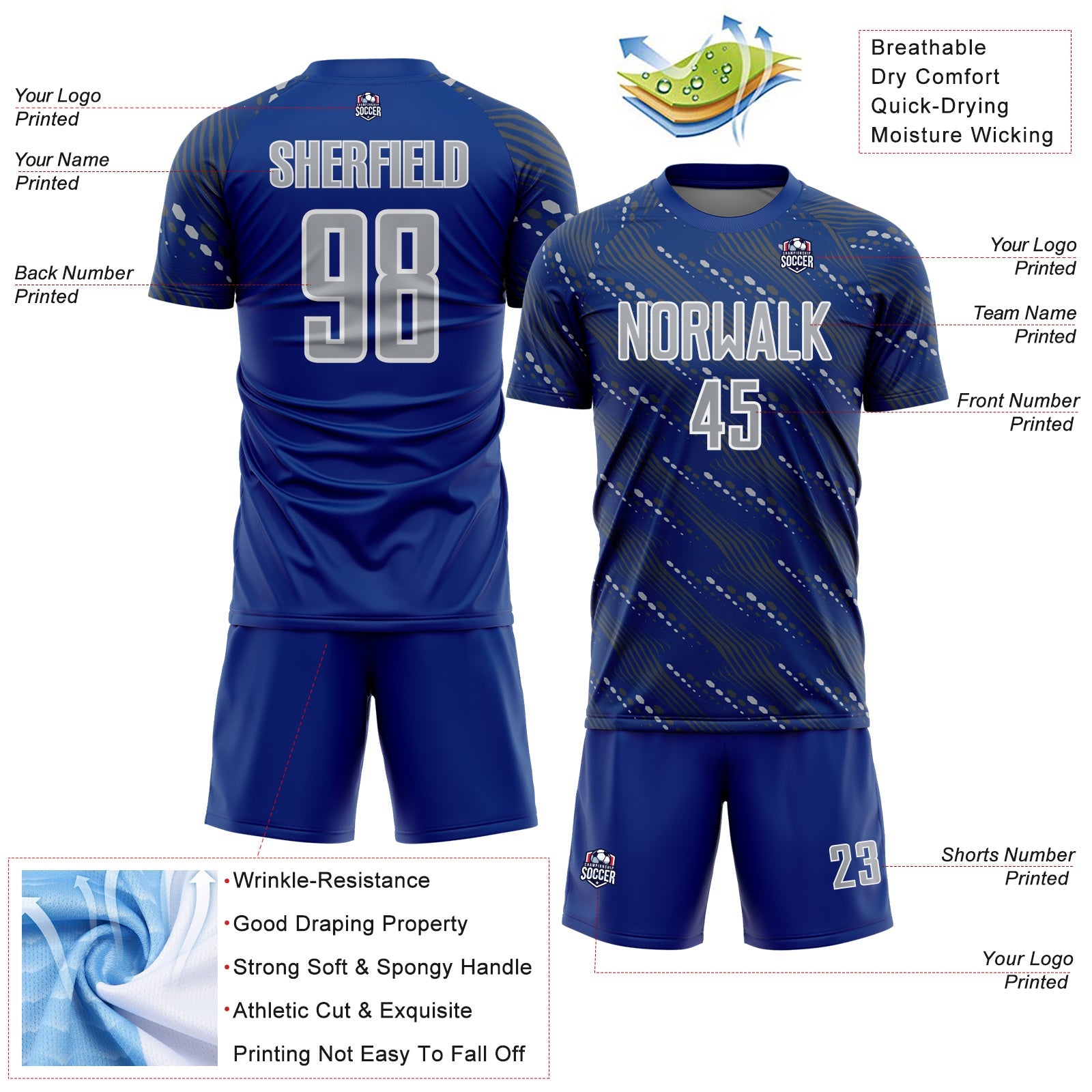 Custom Royal Gray-White Slant Lines Sports Sublimation Soccer Uniform Jersey