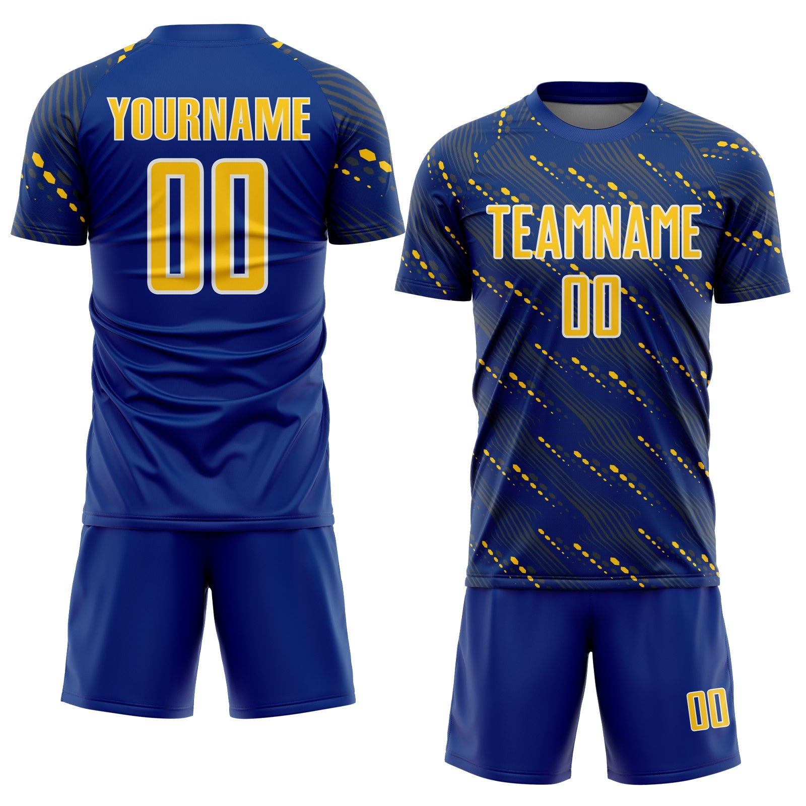 Custom Royal Yellow-White Slant Lines Sports Sublimation Soccer Uniform Jersey
