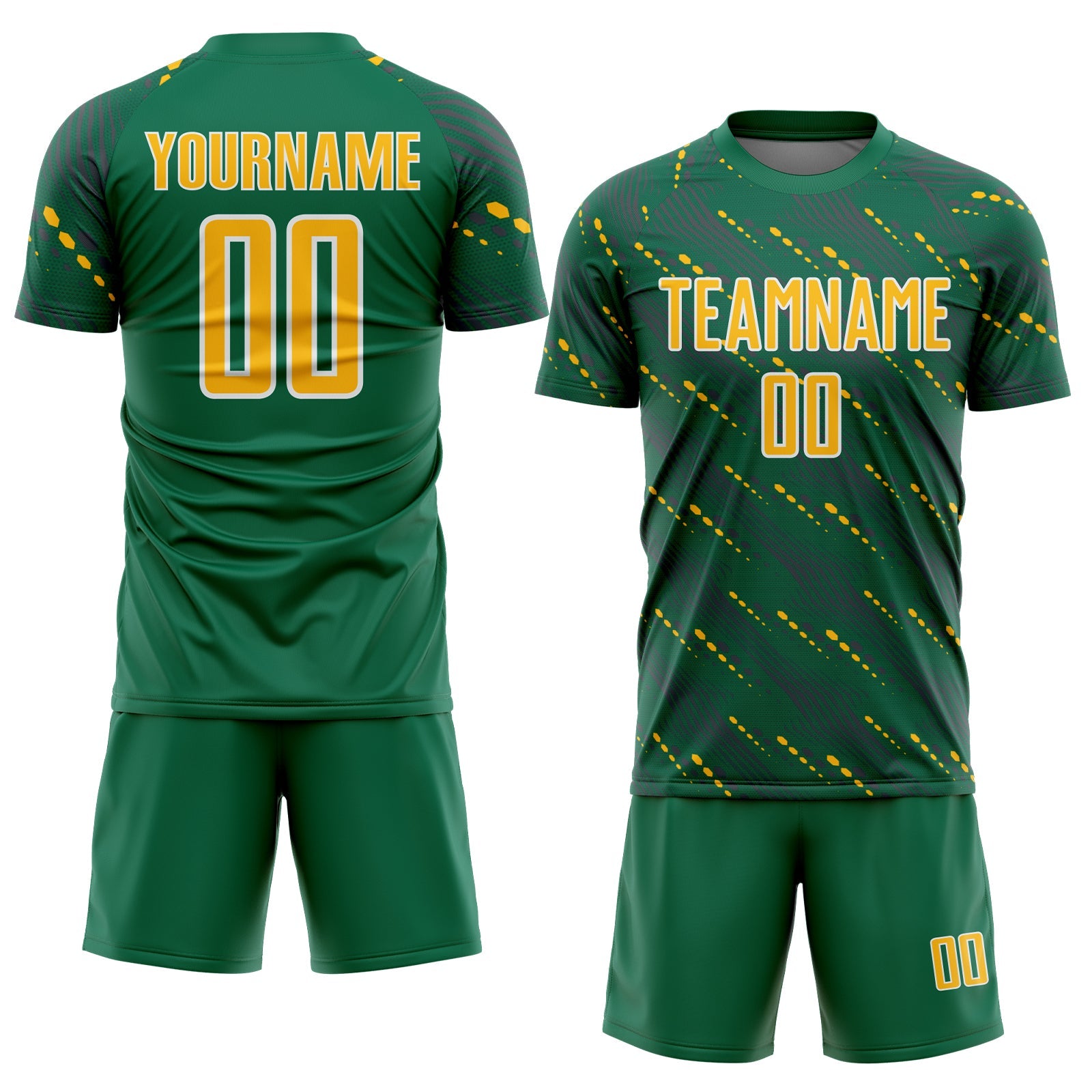 Custom Kelly Green Gold-White Slant Lines Sports Sublimation Soccer Uniform Jersey