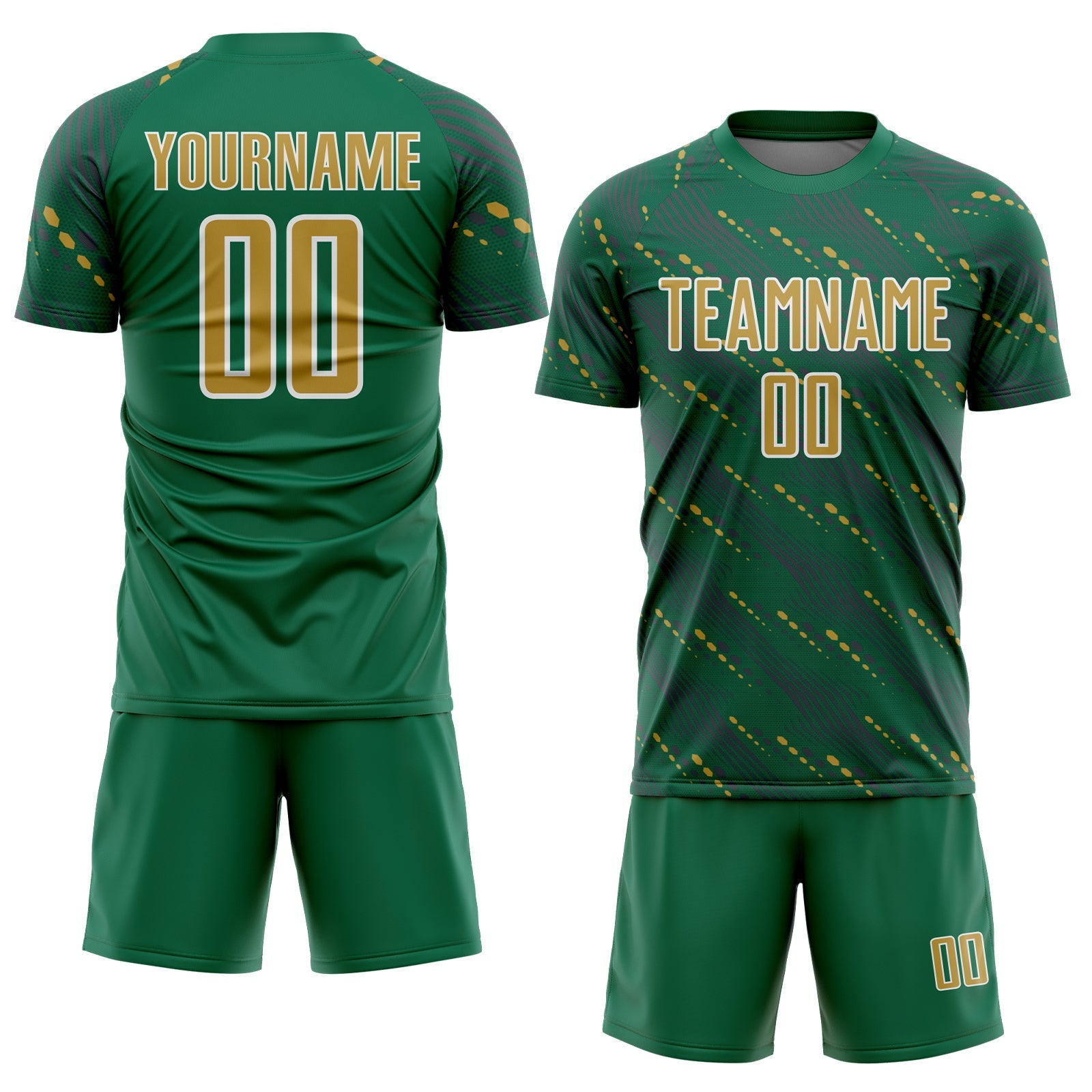 Custom Kelly Green Old Gold-White Slant Lines Sports Sublimation Soccer Uniform Jersey