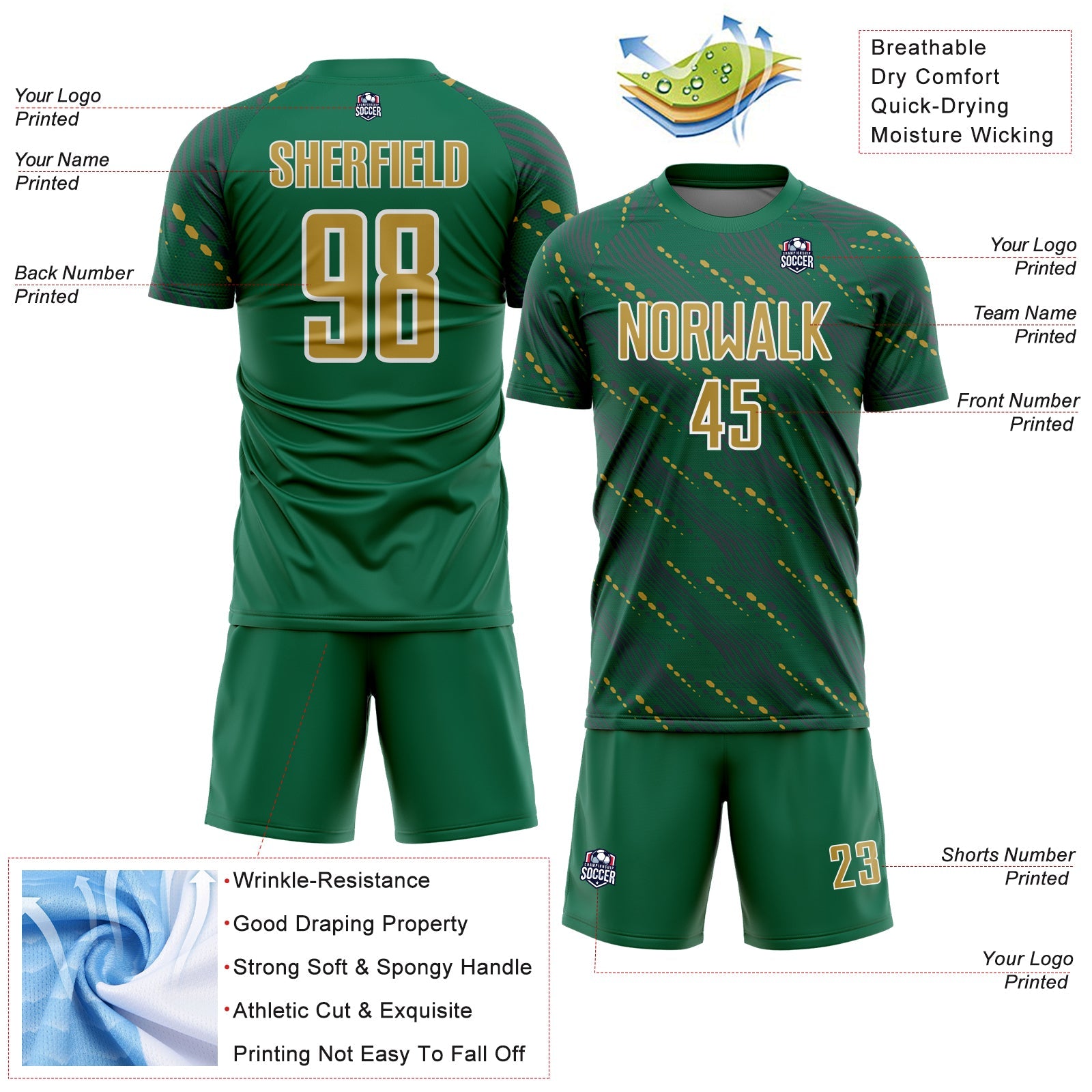 Custom Kelly Green Old Gold-White Slant Lines Sports Sublimation Soccer Uniform Jersey