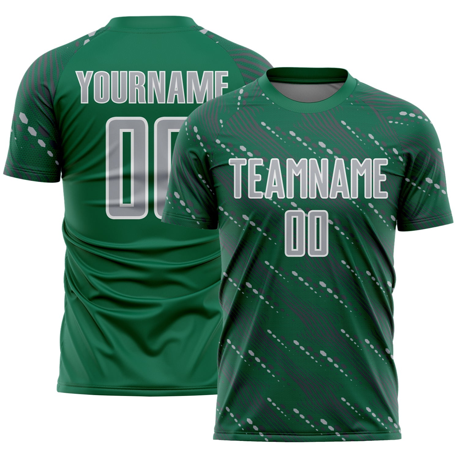 Custom Kelly Green Gray-White Slant Lines Sports Sublimation Soccer Uniform Jersey