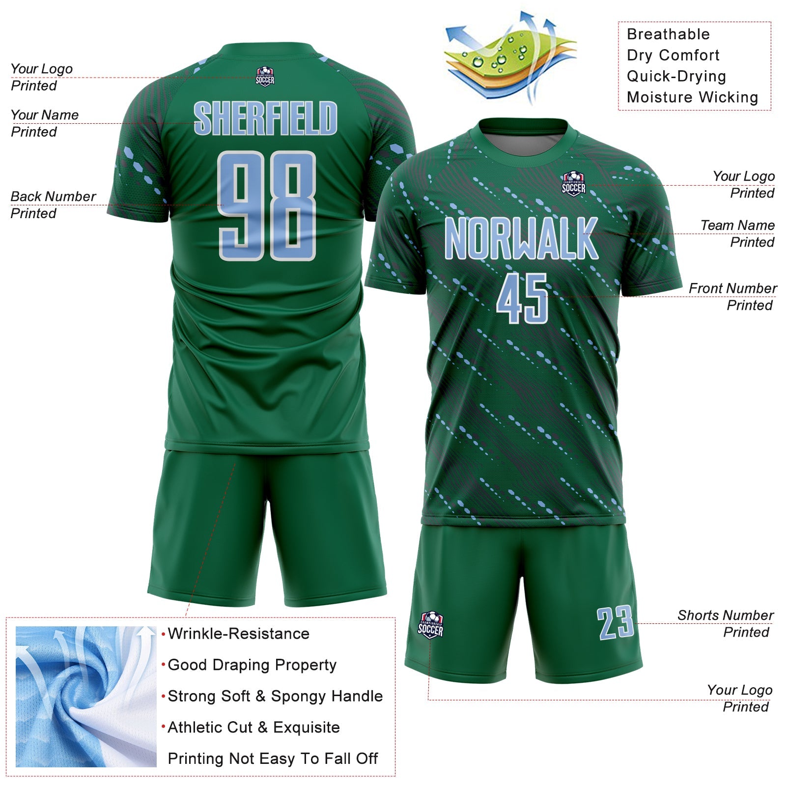 Custom Kelly Green Light Blue-White Slant Lines Sports Sublimation Soccer Uniform Jersey