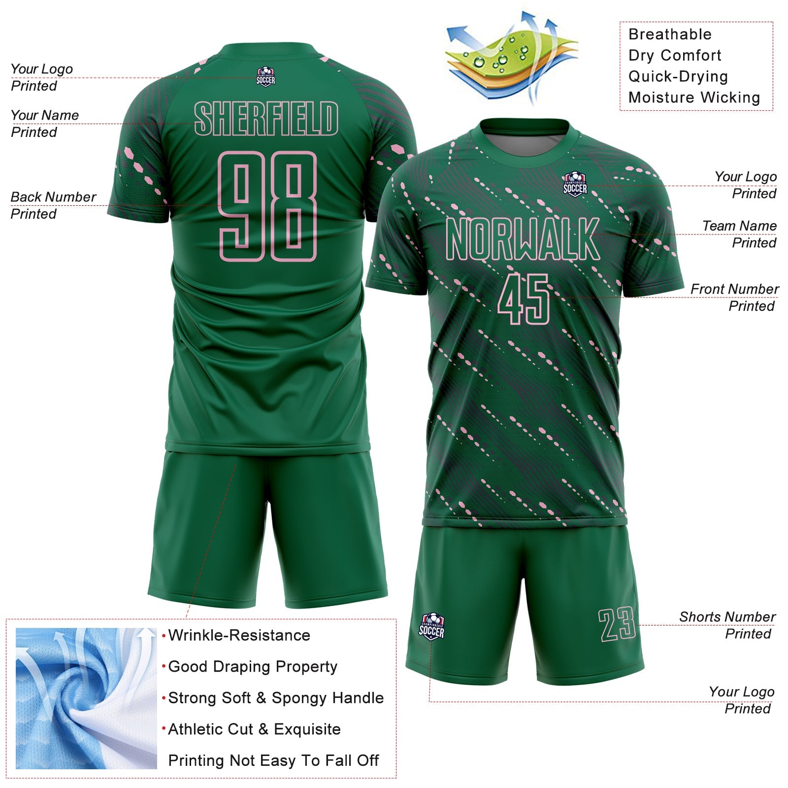 Custom Kelly Green Light Pink Slant Lines Sports Sublimation Soccer Uniform Jersey