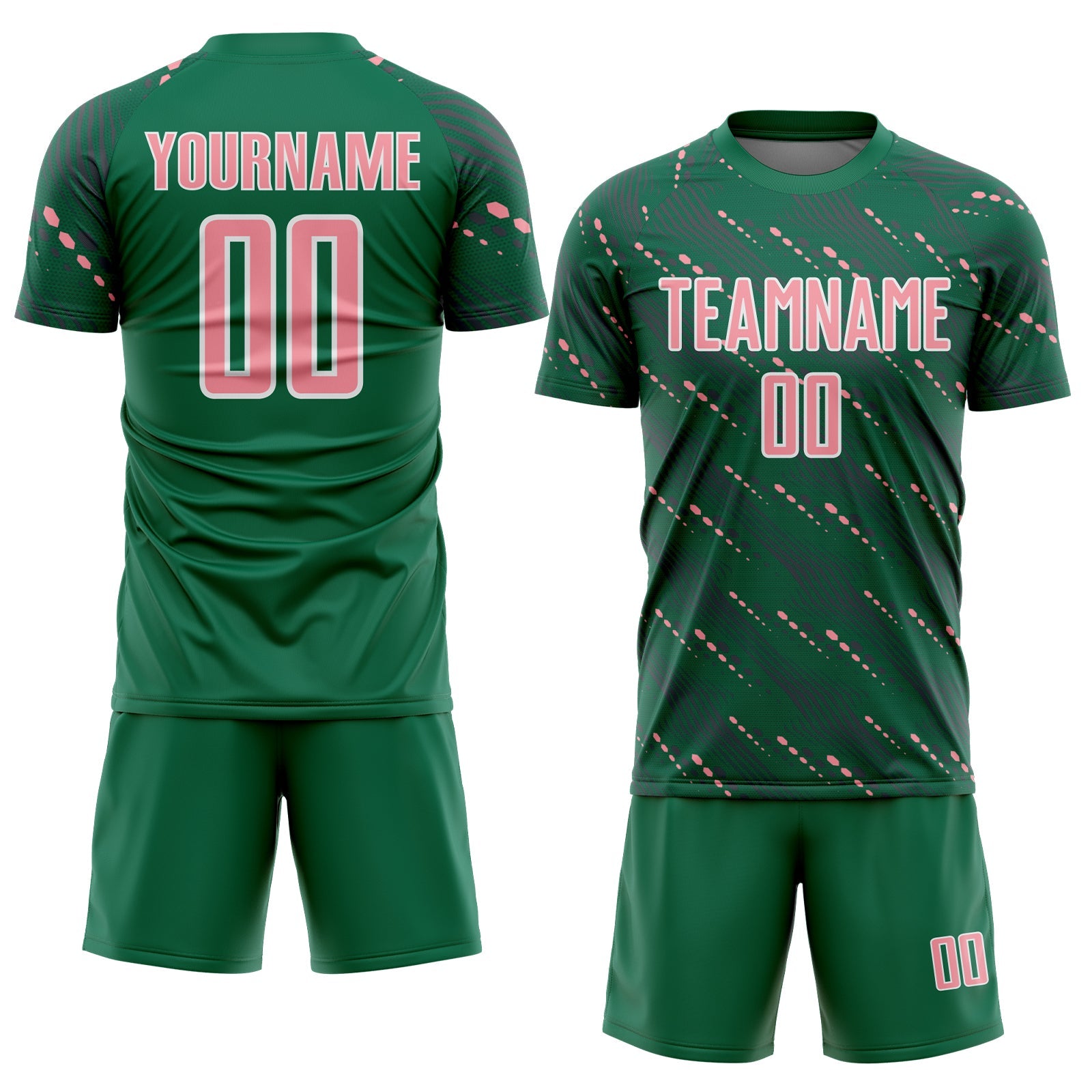 Custom Kelly Green Medium Pink-White Slant Lines Sports Sublimation Soccer Uniform Jersey