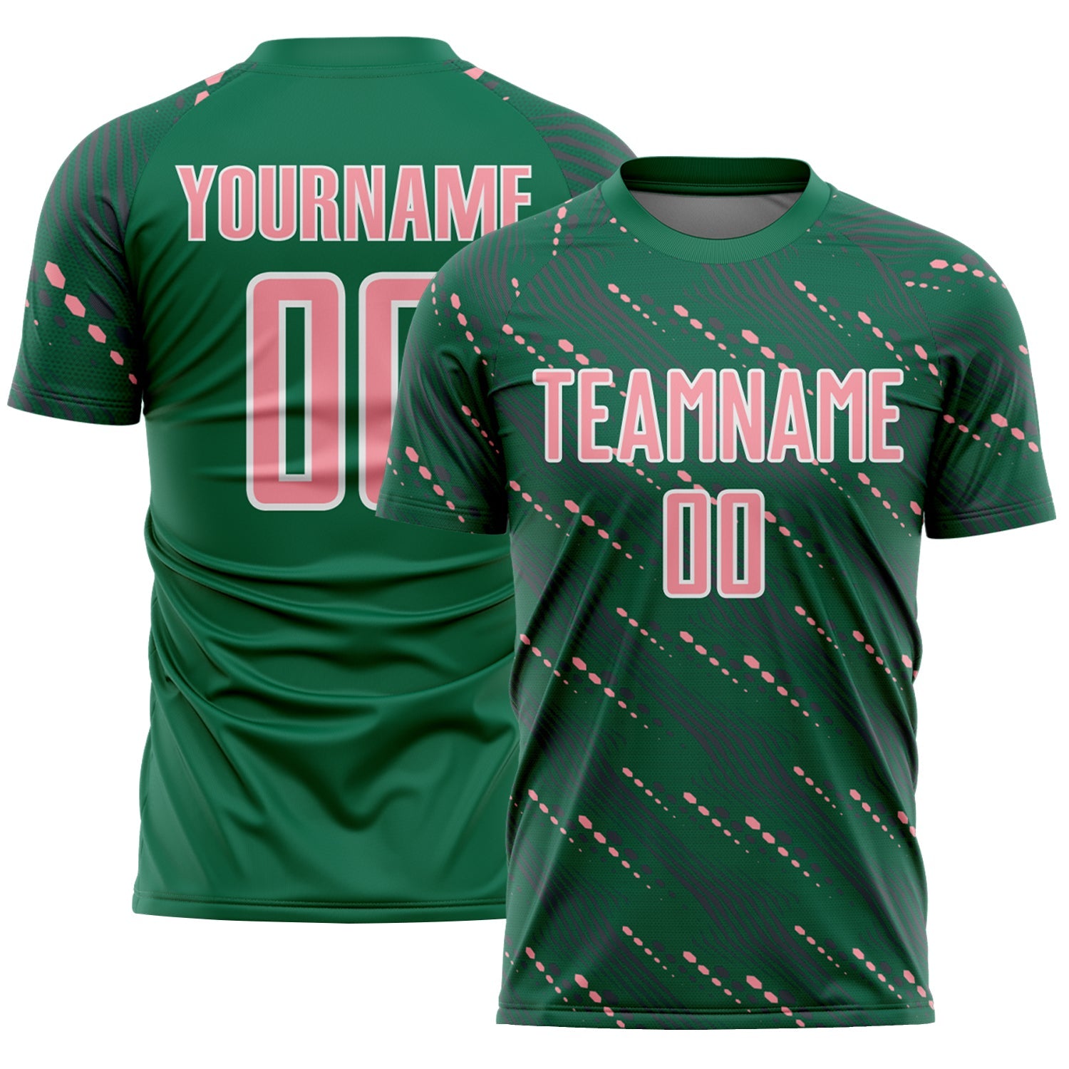 Custom Kelly Green Medium Pink-White Slant Lines Sports Sublimation Soccer Uniform Jersey