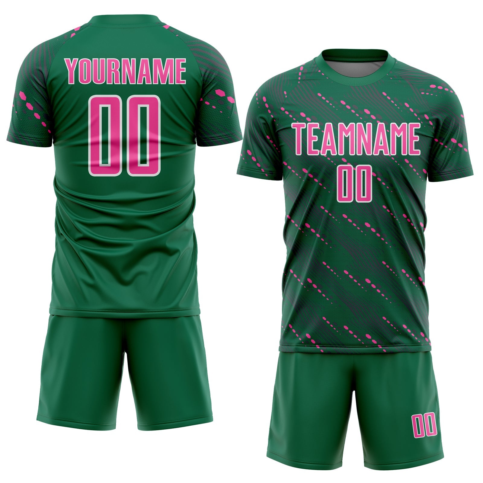 Custom Kelly Green Pink-White Slant Lines Sports Sublimation Soccer Uniform Jersey