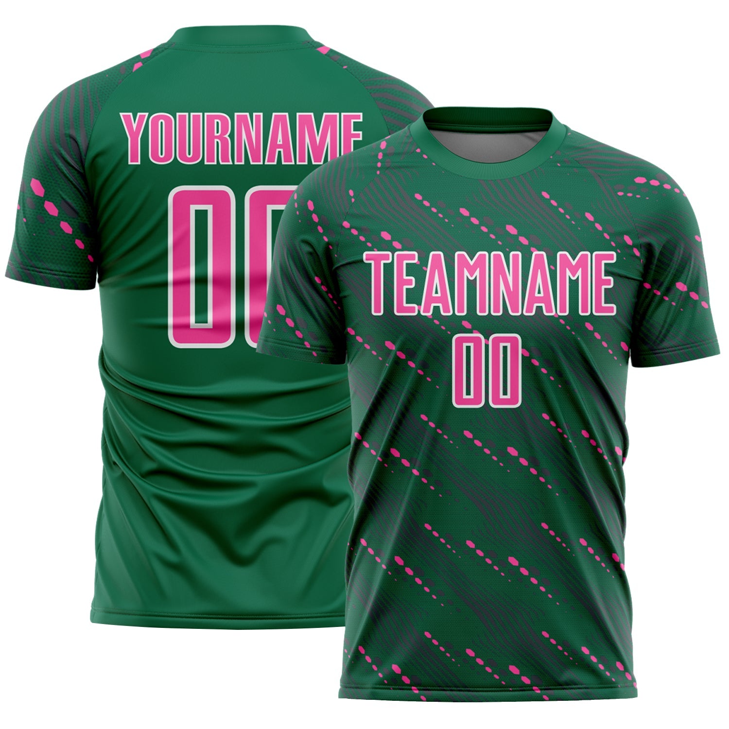 Custom Kelly Green Pink-White Slant Lines Sports Sublimation Soccer Uniform Jersey