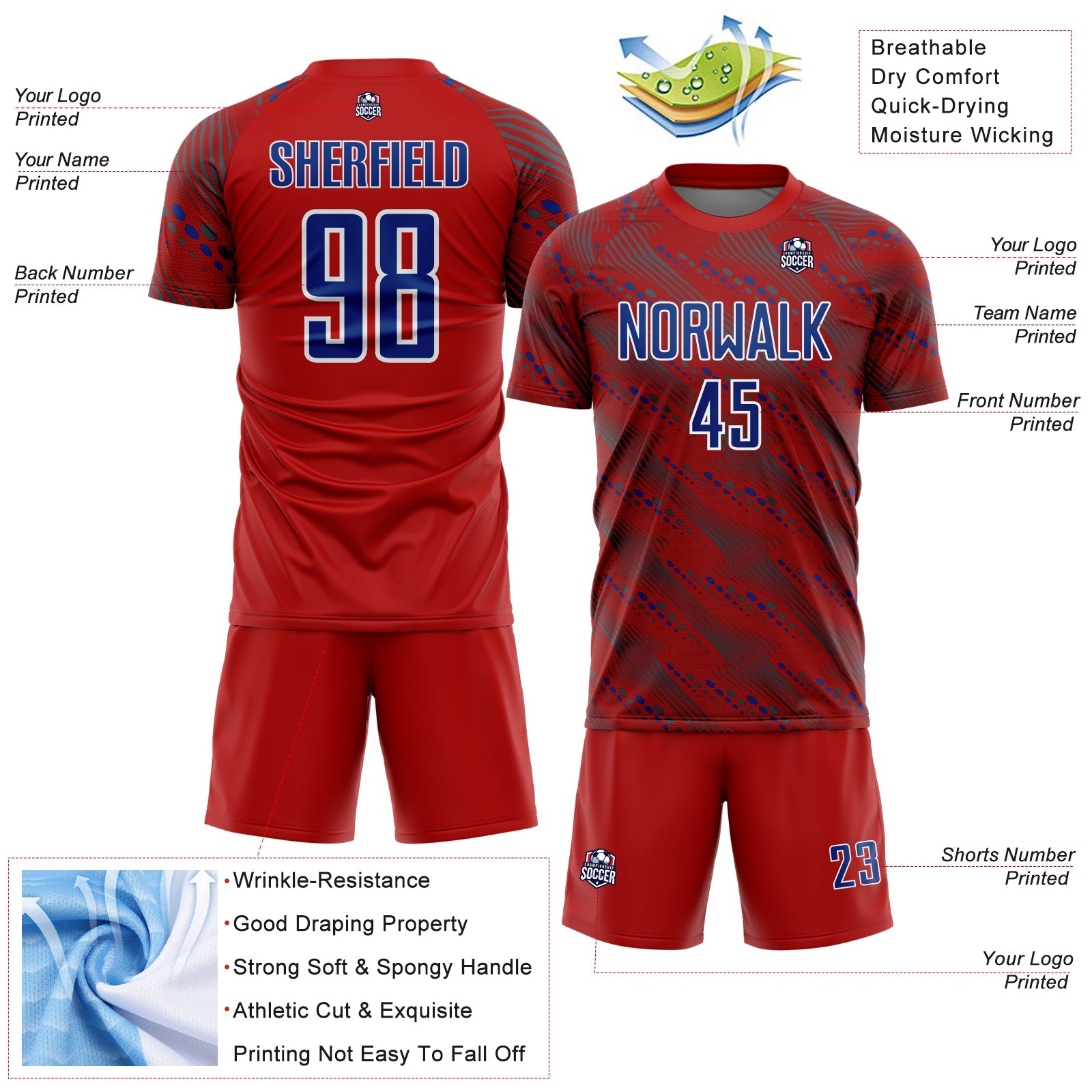 Custom Red Royal-White Slant Lines Sports Sublimation Soccer Uniform Jersey