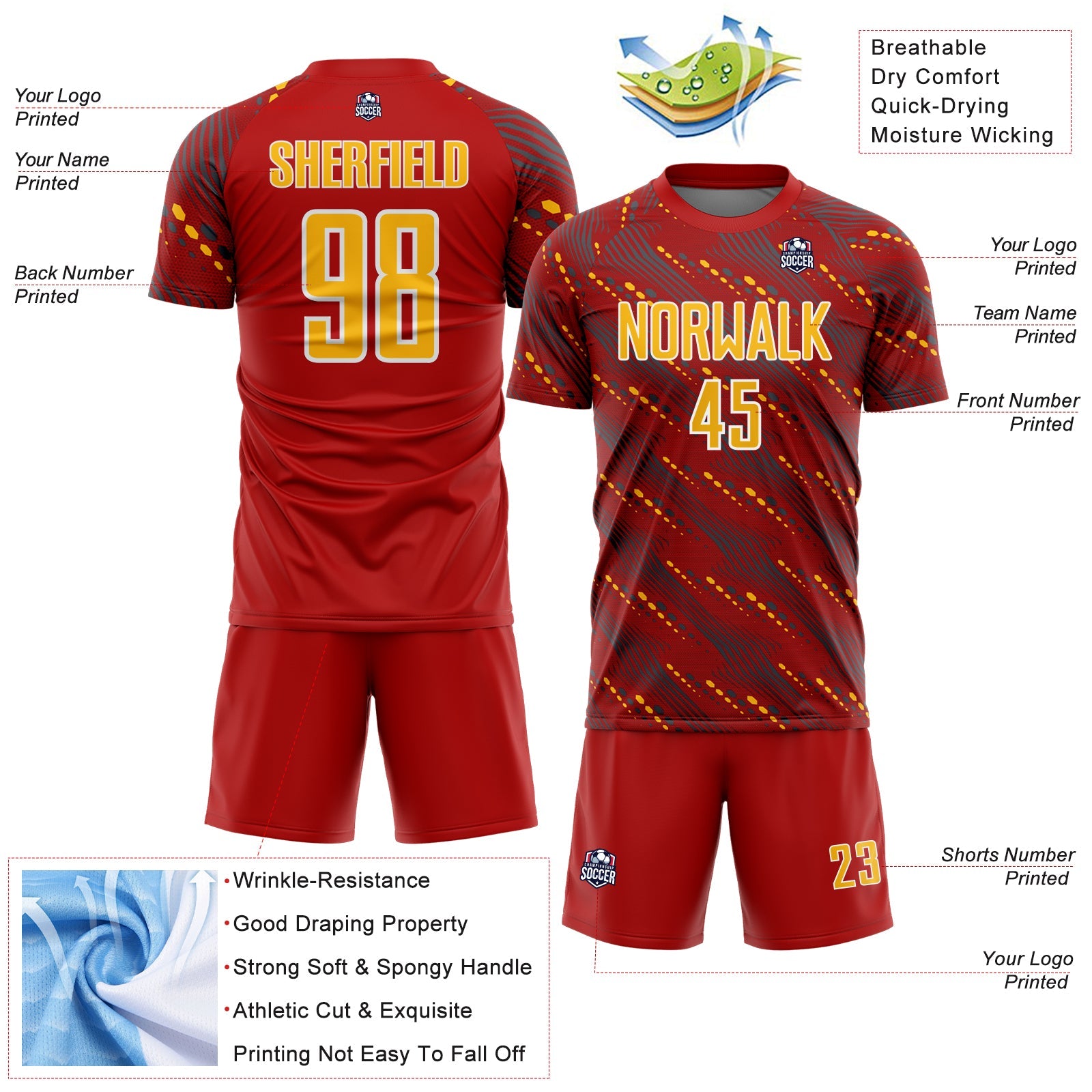 Custom Red Gold-White Slant Lines Sports Sublimation Soccer Uniform Jersey