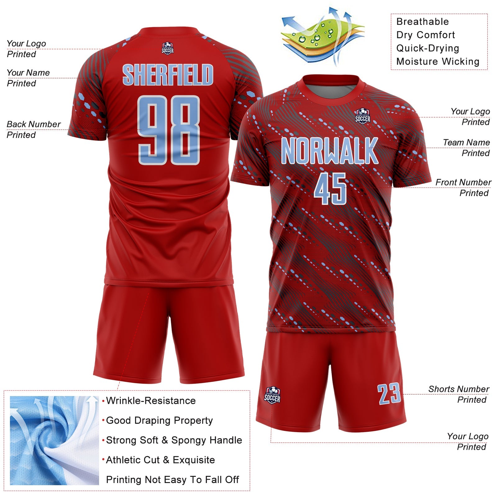 Custom Red Light Blue-White Slant Lines Sports Sublimation Soccer Uniform Jersey
