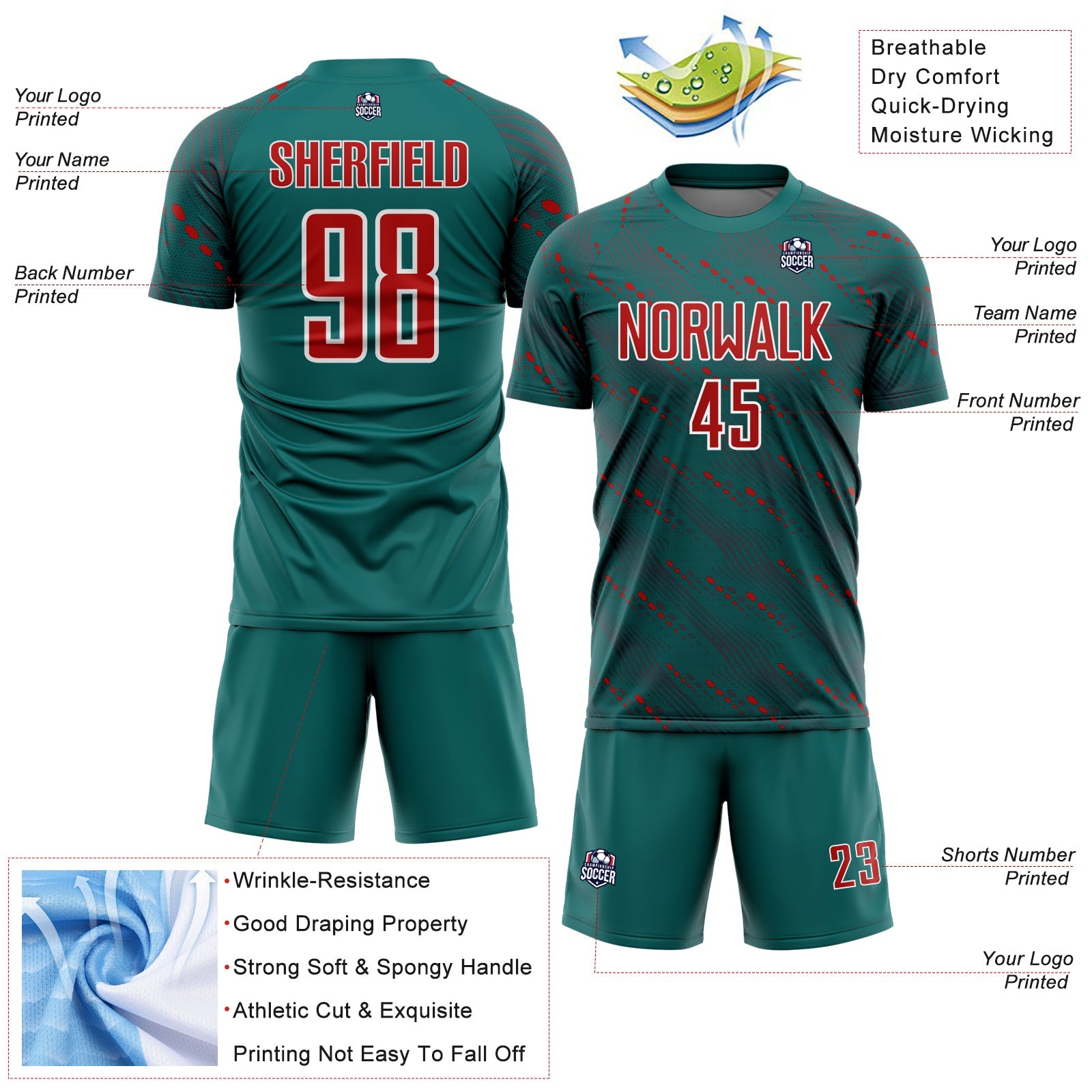 Custom Teal Red-White Slant Lines Sports Sublimation Soccer Uniform Jersey