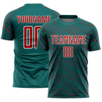Custom Teal Red-White Slant Lines Sports Sublimation Soccer Uniform Jersey