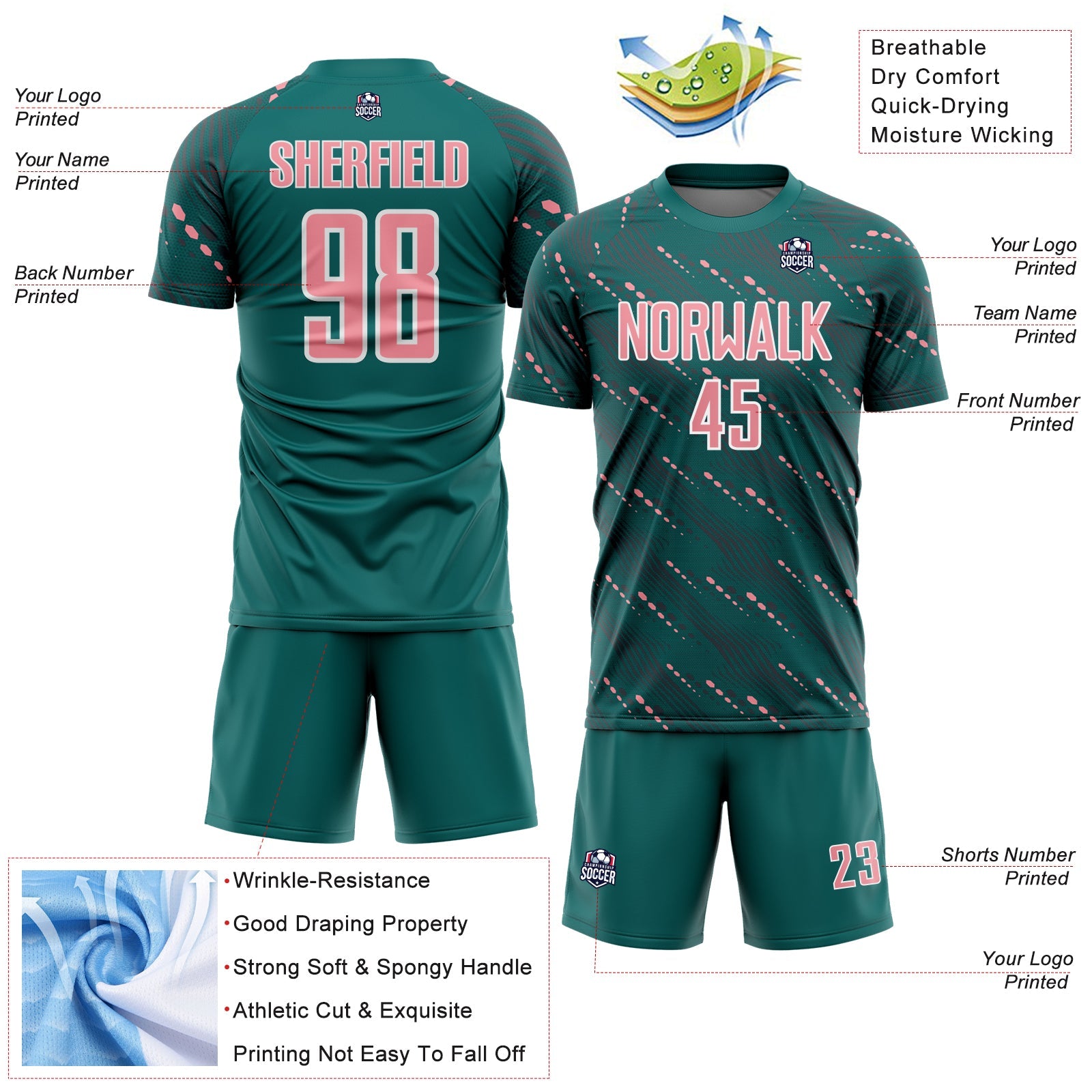 Custom Teal Medium Pink-White Slant Lines Sports Sublimation Soccer Uniform Jersey