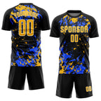 Custom Black Gold Royal-White Fluid Art Splash Sublimation Soccer Uniform Jersey