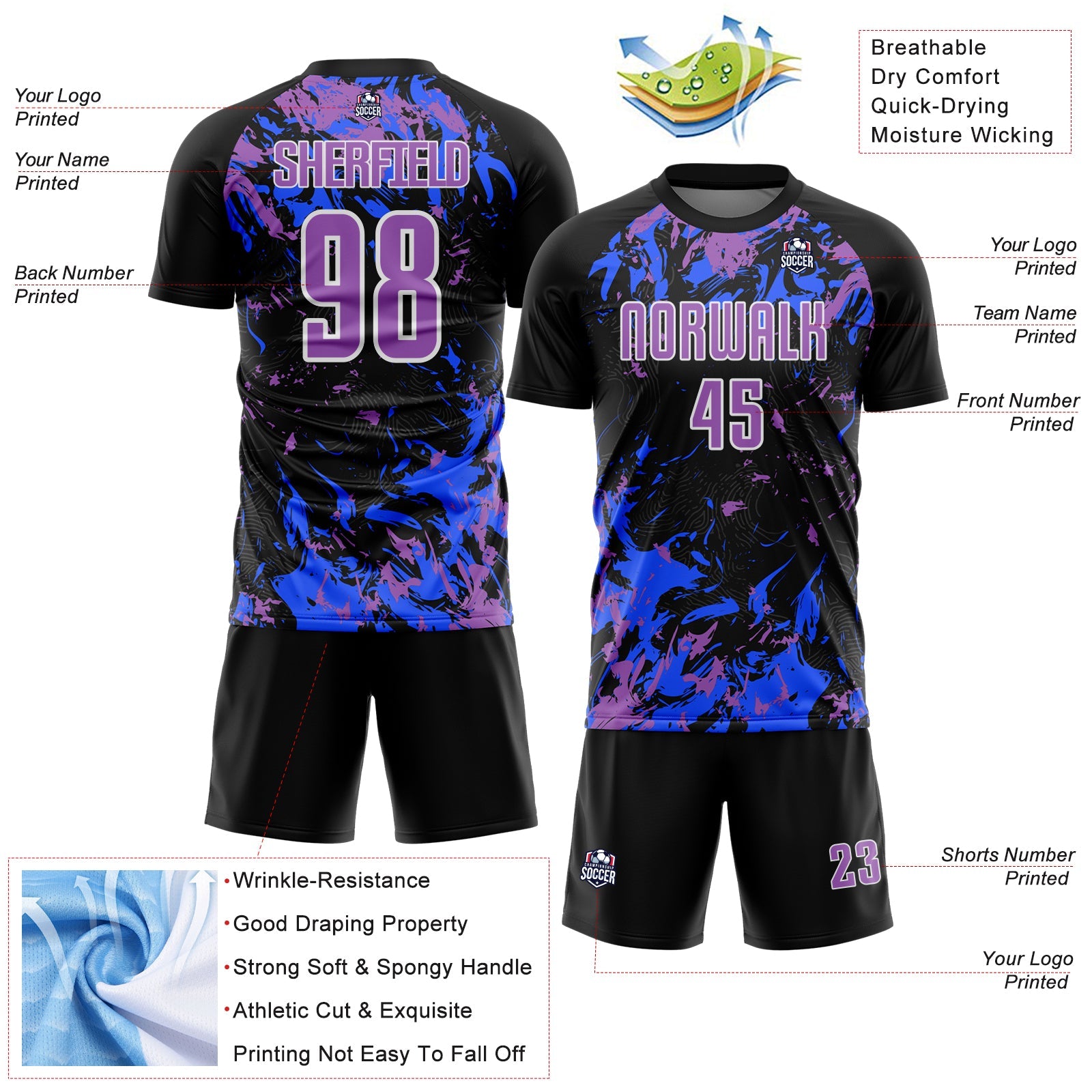 Custom Black Medium Purple Royal-White Fluid Art Splash Sublimation Soccer Uniform Jersey