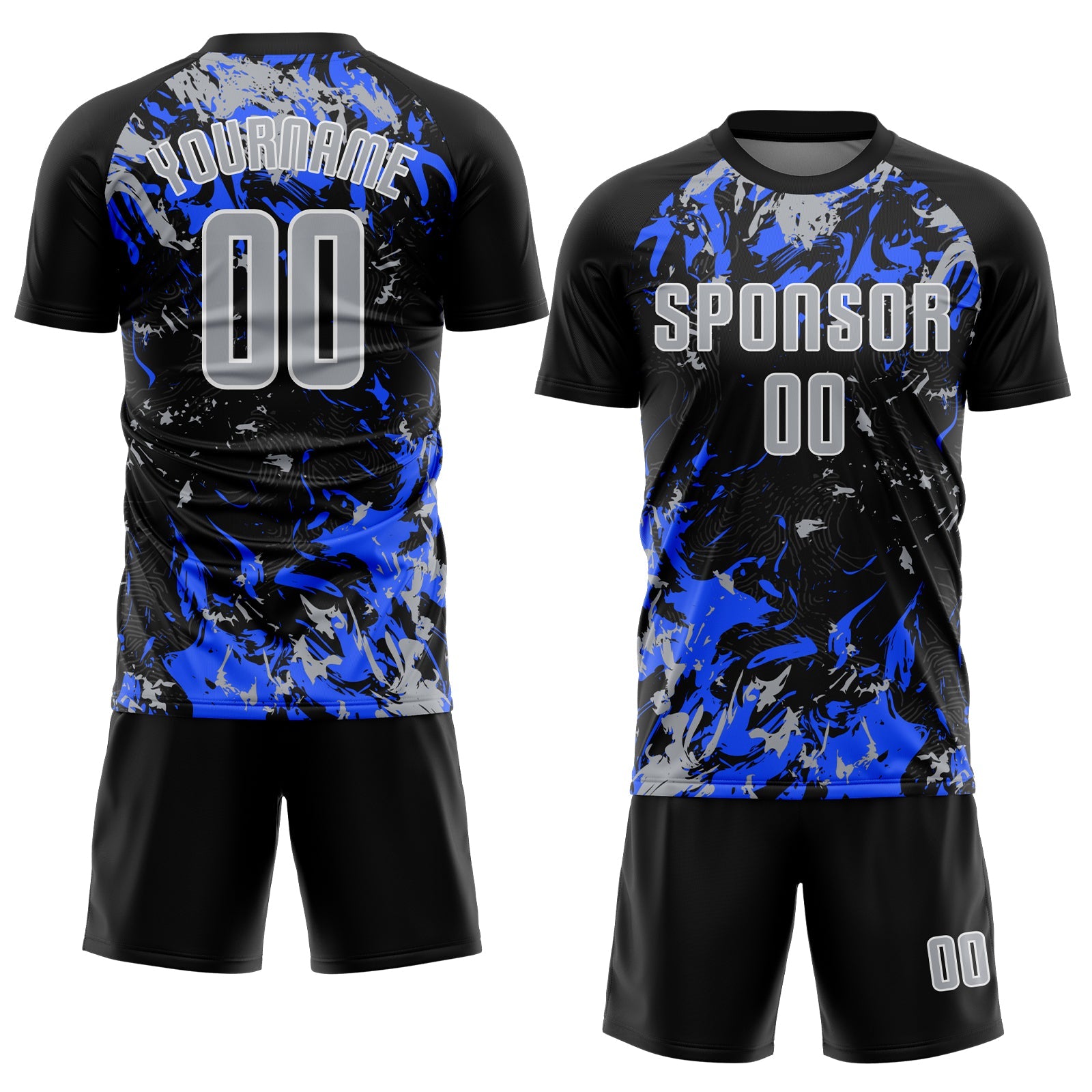 Custom Black Gray Royal-White Fluid Art Splash Sublimation Soccer Uniform Jersey