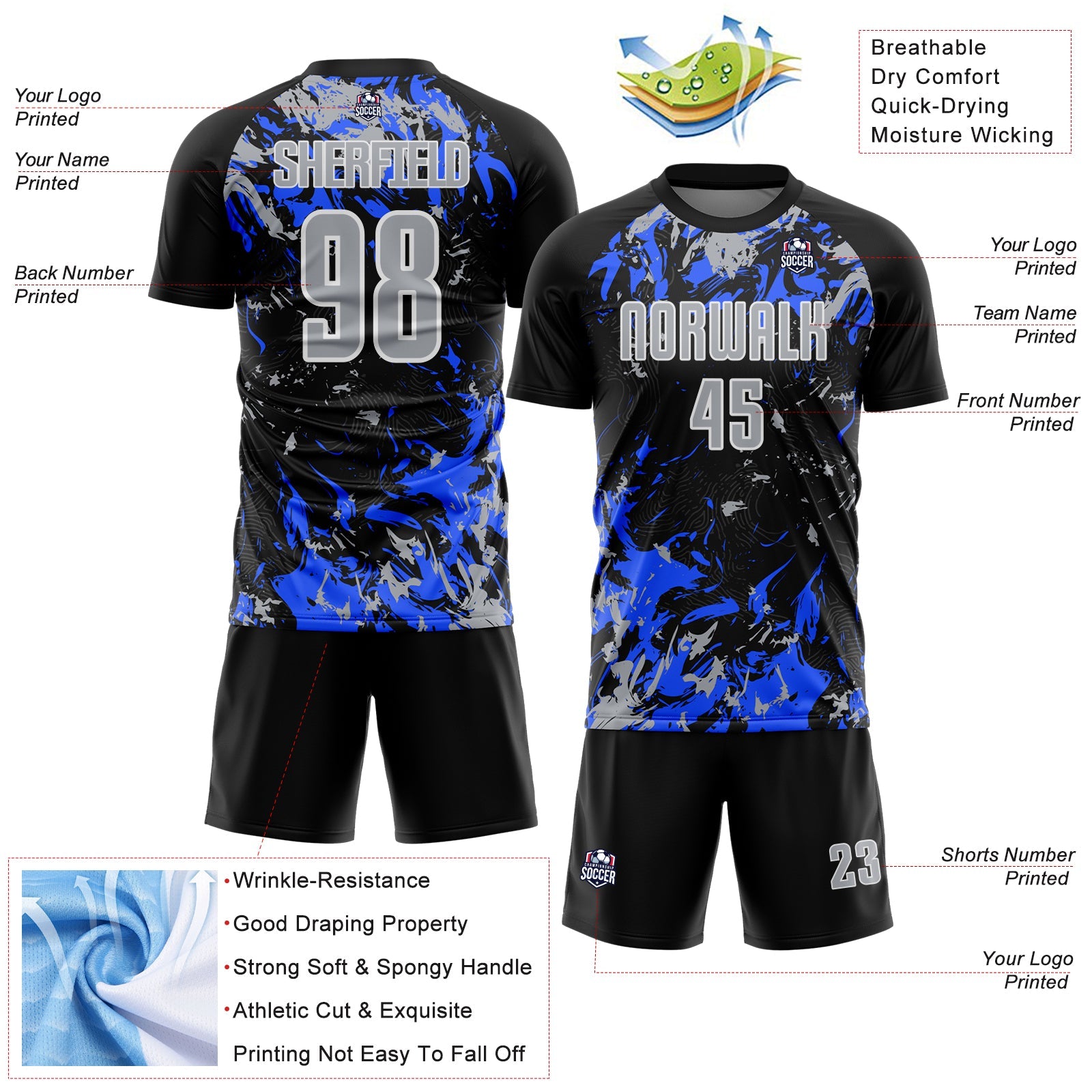 Custom Black Gray Royal-White Fluid Art Splash Sublimation Soccer Uniform Jersey