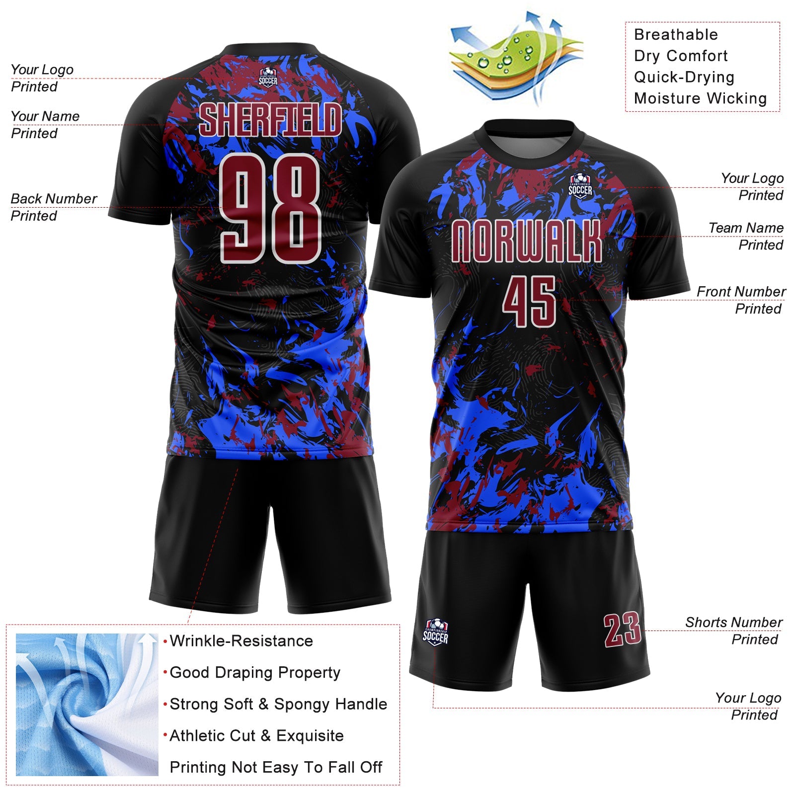 Custom Black Crimson Royal-White Fluid Art Splash Sublimation Soccer Uniform Jersey