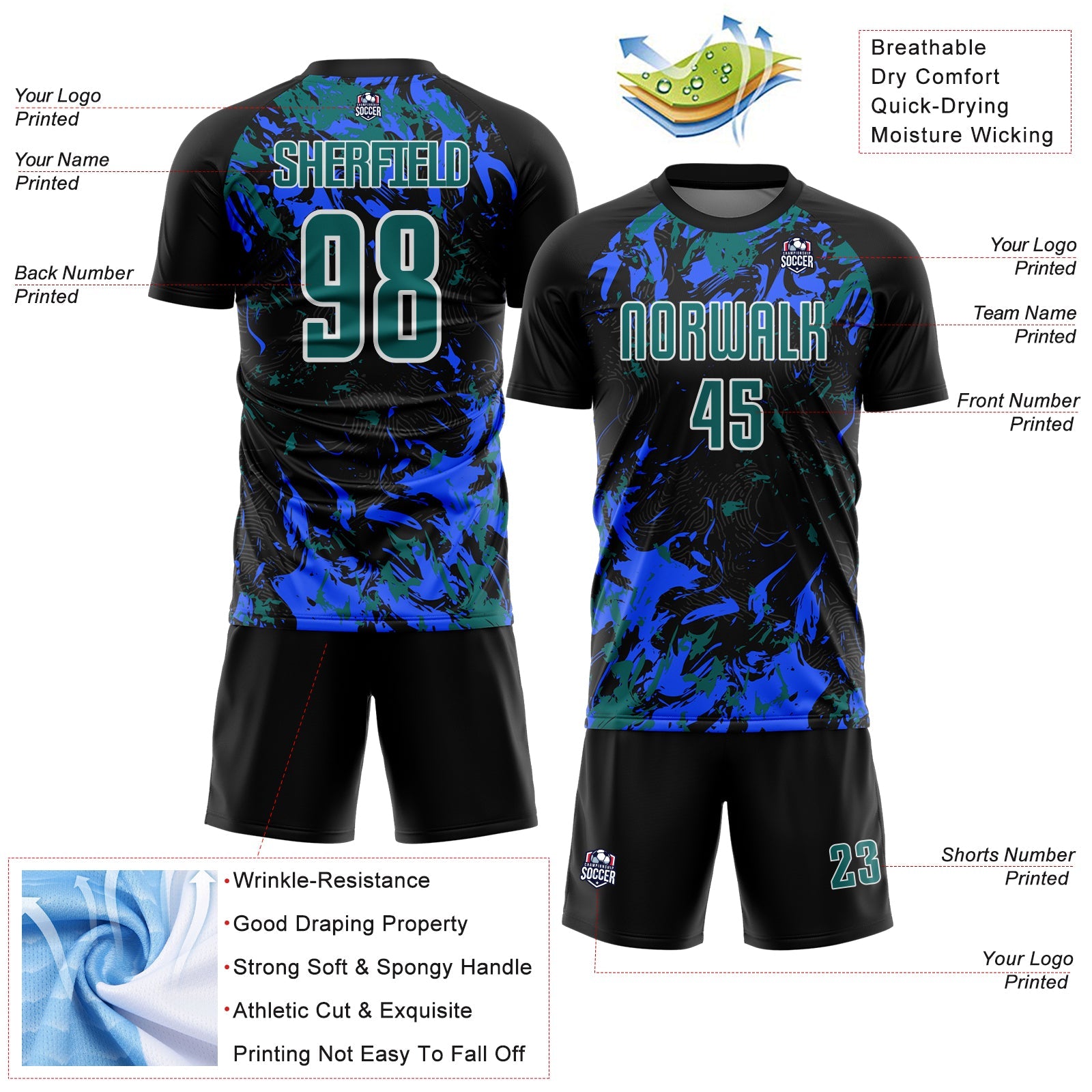 Custom Black Teal Royal-White Fluid Art Splash Sublimation Soccer Uniform Jersey