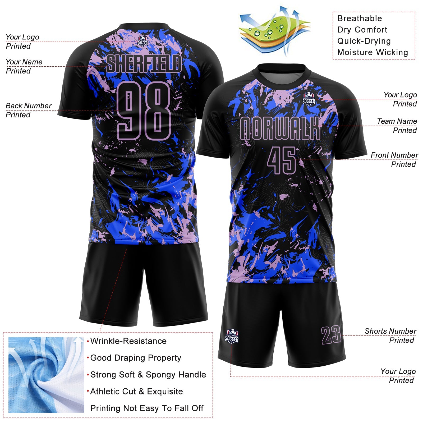 Custom Black Light Purple-Royal Fluid Art Splash Sublimation Soccer Uniform Jersey
