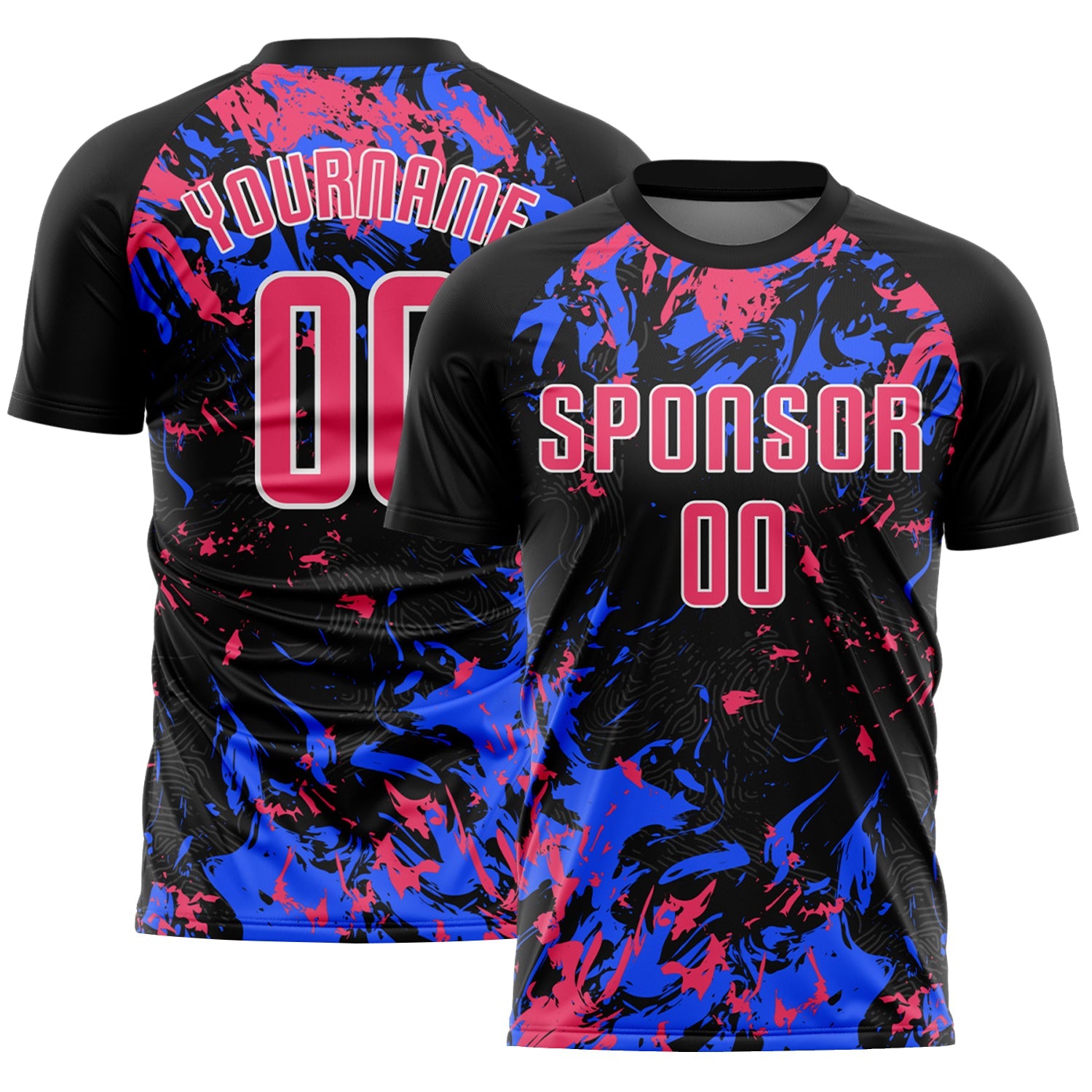 Custom Black Neon Pink Royal-White Fluid Art Splash Sublimation Soccer Uniform Jersey