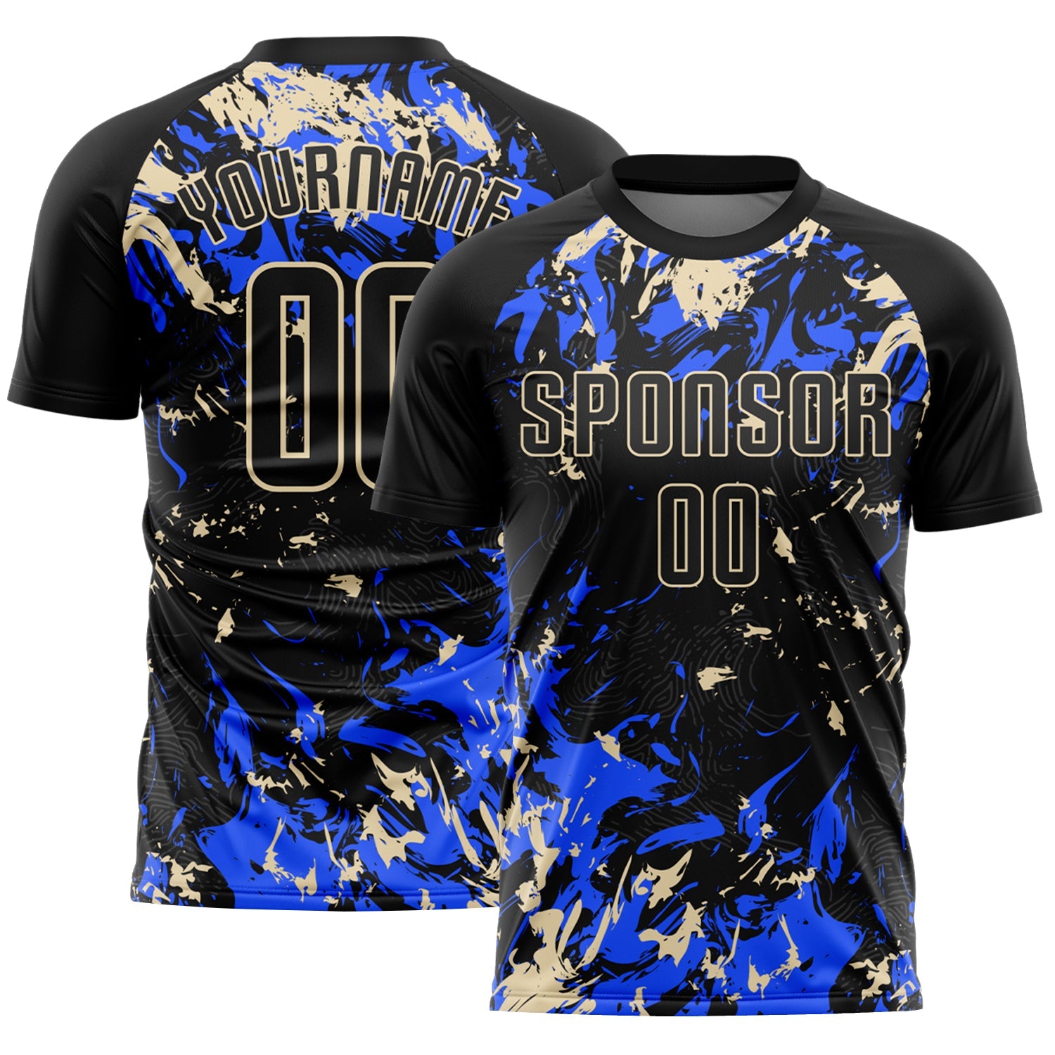Custom Black Cream-Royal Fluid Art Splash Sublimation Soccer Uniform Jersey