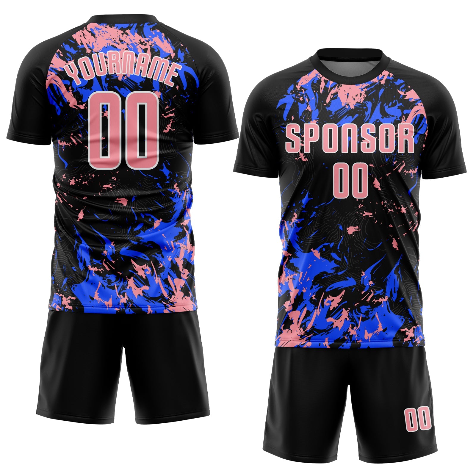 Custom Black Medium Pink Royal-White Fluid Art Splash Sublimation Soccer Uniform Jersey