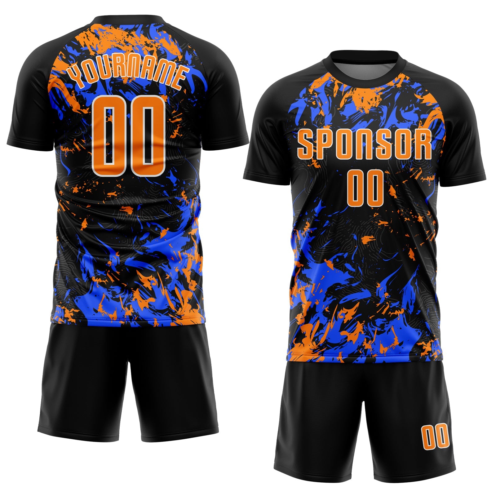 Custom Black Bay Orange Royal-White Fluid Art Splash Sublimation Soccer Uniform Jersey